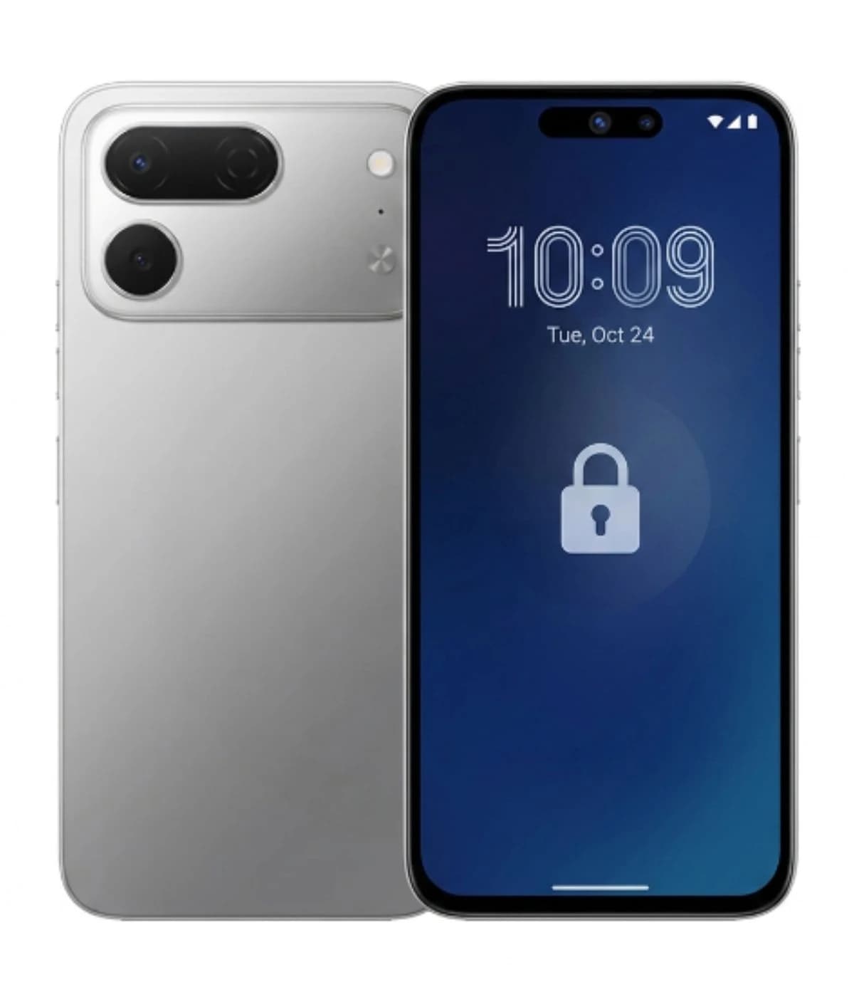 Tecno Spark 50 Pro smartphone in silver color, showcasing a sleek design with dual rear cameras and a vibrant display showing the time and lock screen. The device features a modern aesthetic with a smooth finish.