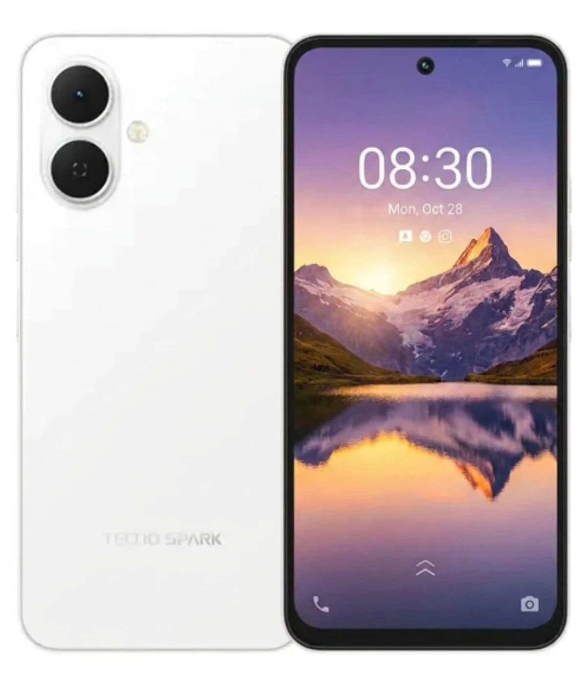 Tecno Spark Go 2 smartphone in white color, featuring a dual-camera setup on the back and a vibrant display showing a scenic mountain landscape. The device has a sleek design with a front-facing camera and a minimal bezel, ideal for photography and…