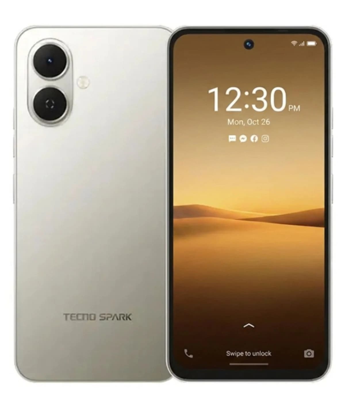 Tecno Spark Go 2 smartphone in sleek silver finish, featuring dual rear cameras and a vibrant display showing a warm desert landscape. The device is presented front-facing with a clean, modern design, ideal for tech enthusiasts.