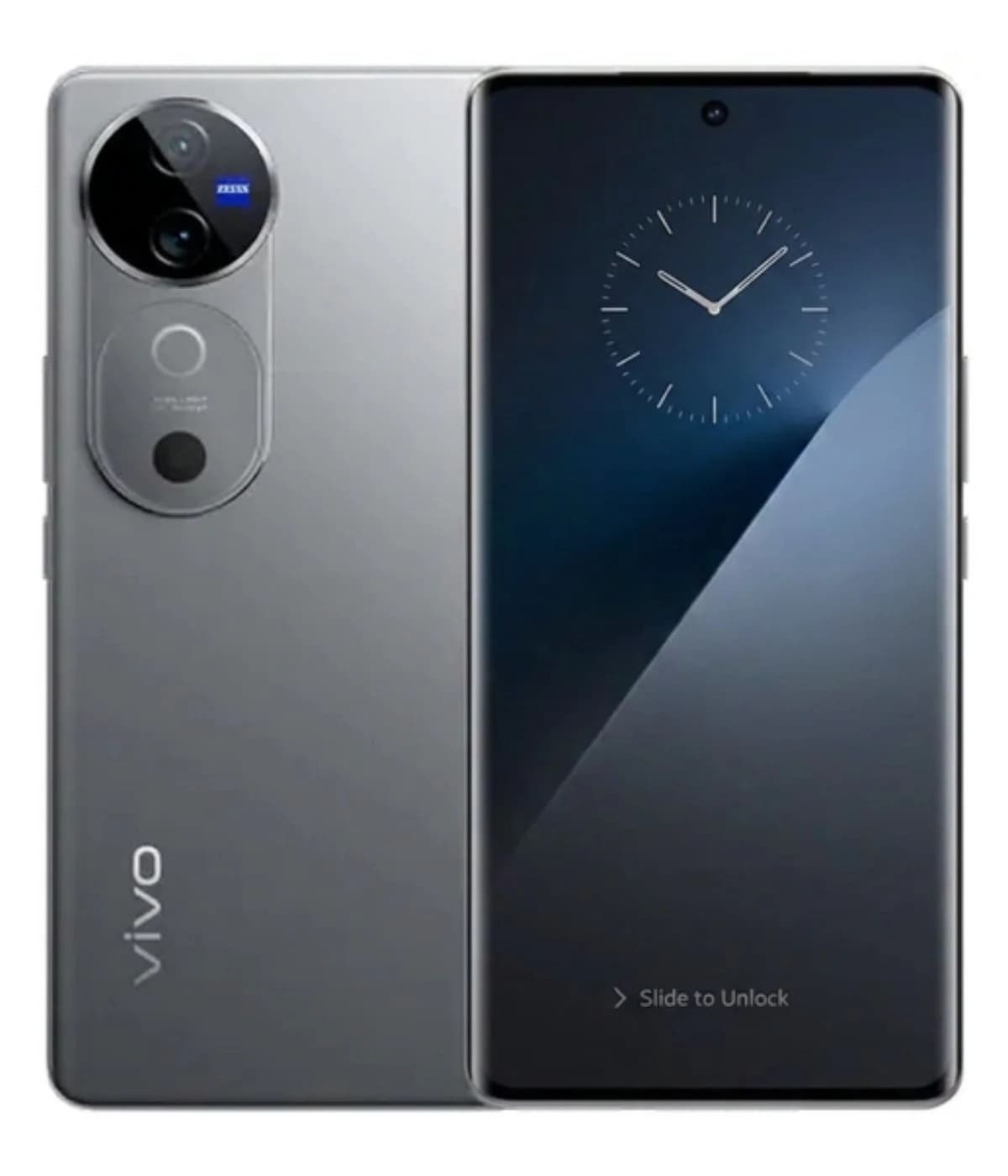 Vivo V40 smartphone in sleek silver finish, featuring a dual-camera setup with Zeiss optics, a large display with a modern design, and a fingerprint sensor on the back. The device showcases a stylish and premium look, ideal for tech enthusiasts.