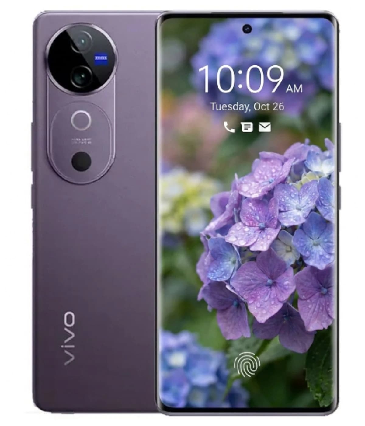 Vivo V40 smartphone in a sleek purple finish, featuring a dual-camera setup with Zeiss optics. The display showcases vibrant hydrangea flowers, highlighting the phone's modern design and advanced technology.