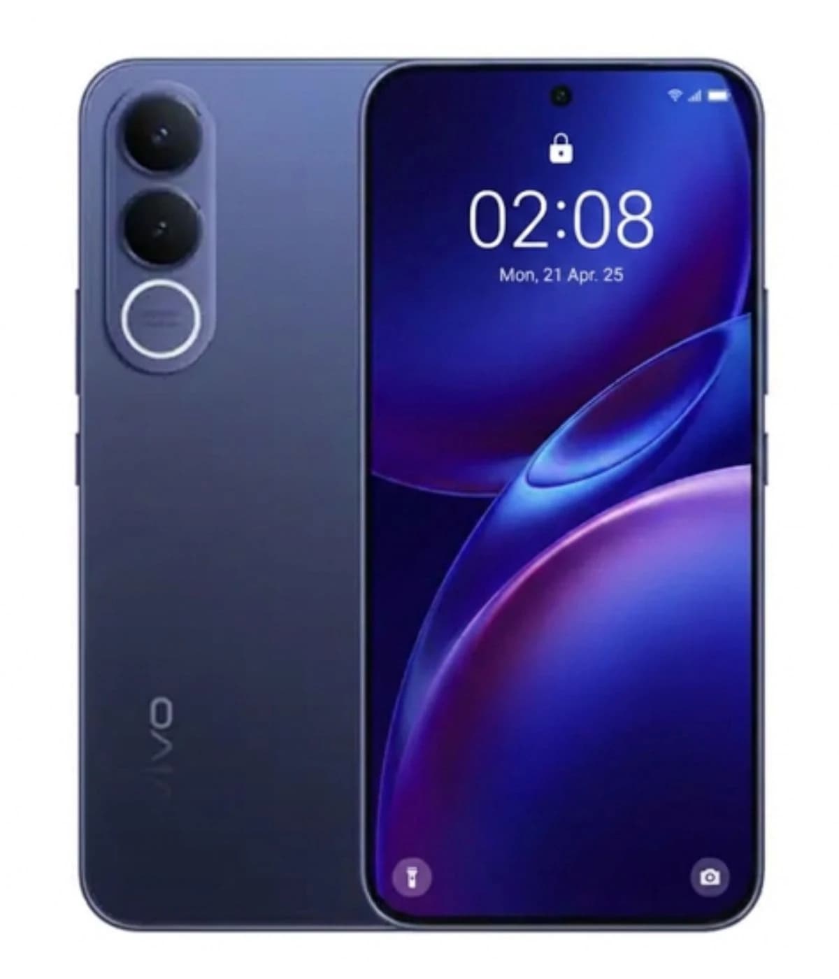 Vivo V70 FE smartphone in sleek dark blue color featuring dual rear cameras, a vibrant display with a centered front camera, and a modern design. The device showcases a smooth finish and a minimalistic aesthetic.