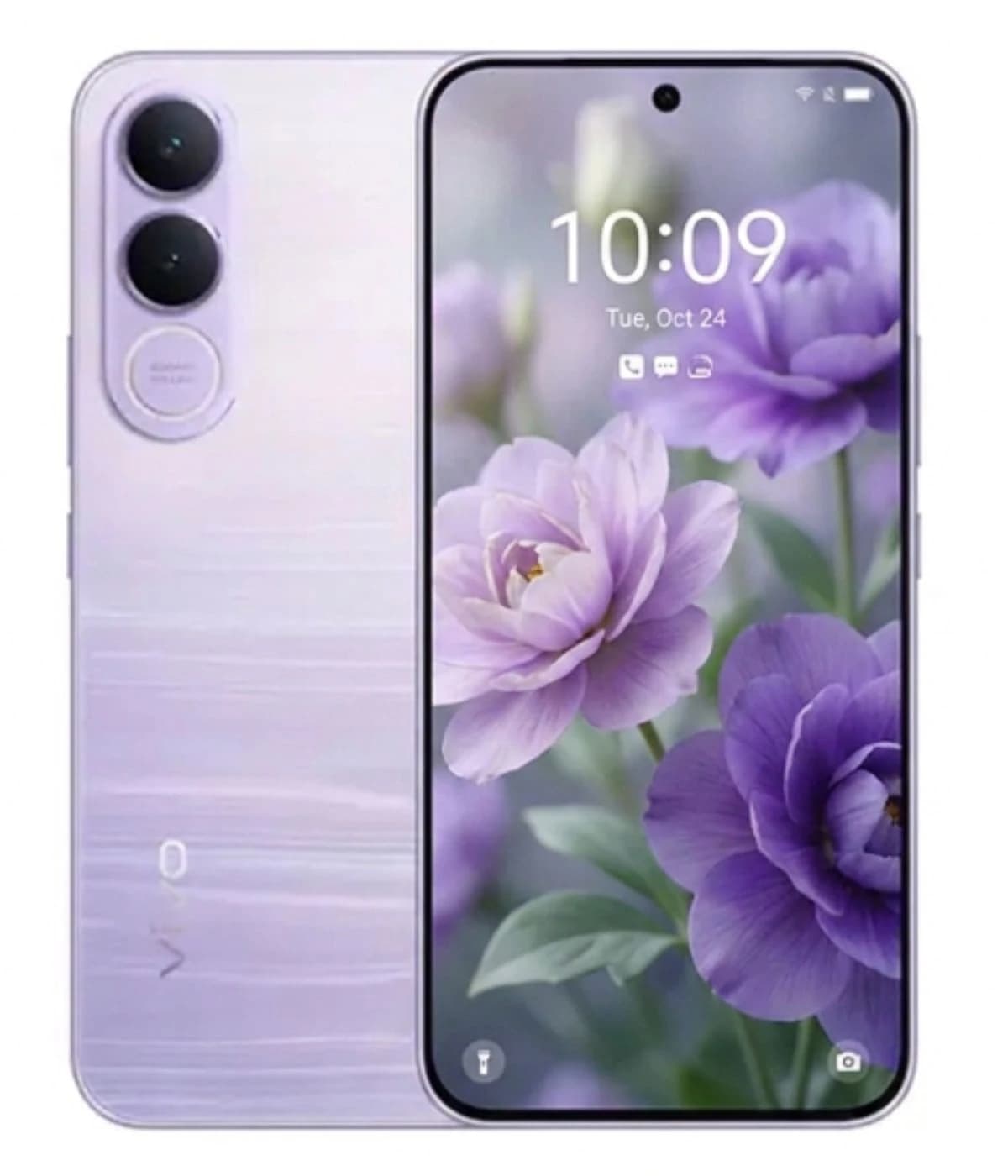 Vivo V70 FE smartphone in a stunning lavender color with dual rear cameras. The display showcases a vibrant floral wallpaper, emphasizing its sleek design and modern aesthetics.