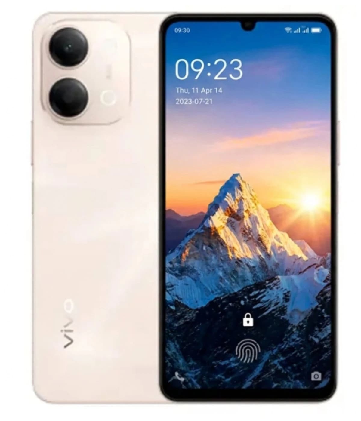 Vivo Y11d smartphone in a sleek white design featuring dual rear cameras and a vibrant display showcasing a mountain landscape. The device has a modern aesthetic with a minimalistic look, perfect for tech enthusiasts.