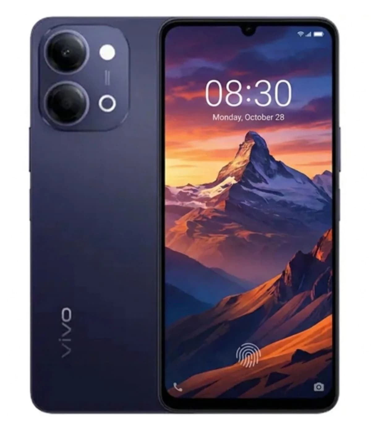 Vivo Y11d smartphone in dark blue color featuring a dual-camera setup, 6.51-inch display with a waterdrop notch, and a sleek design. The screen showcases a vibrant mountain landscape wallpaper.