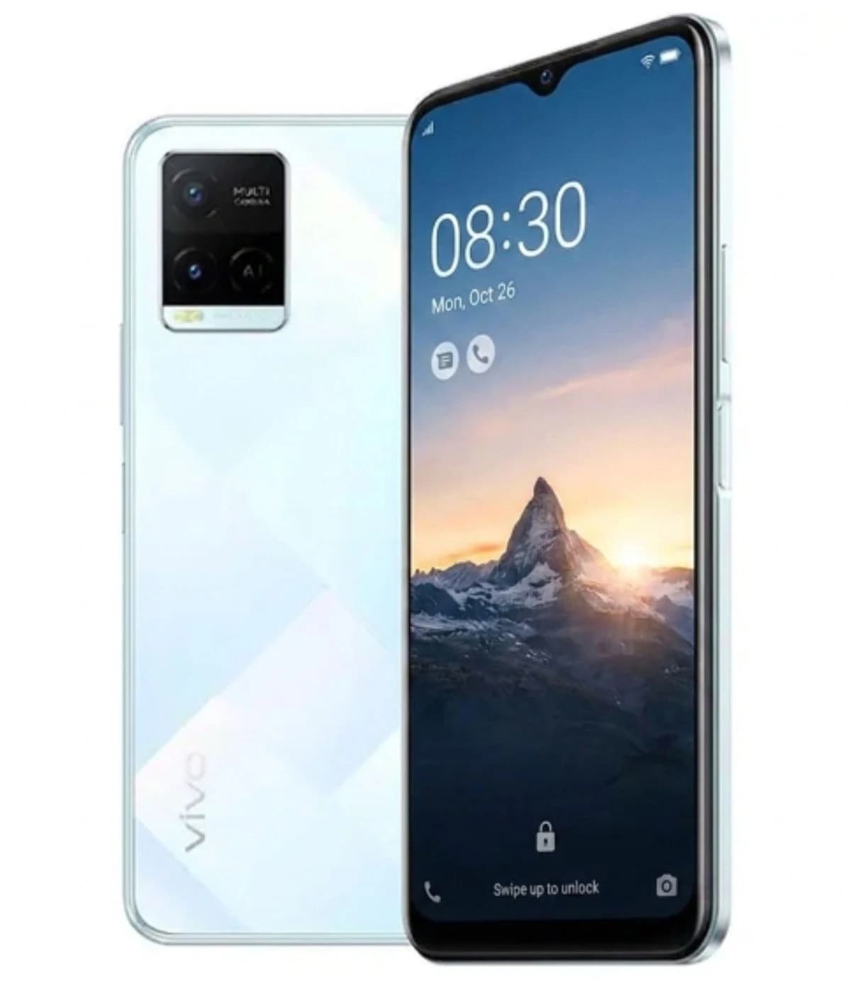 Vivo Y21 smartphone featuring a sleek design with a glossy white back and a vibrant display showing a mountain landscape. The device has a dual-camera setup on the back and a waterdrop notch for the front camera, ideal for photography enthusiasts.