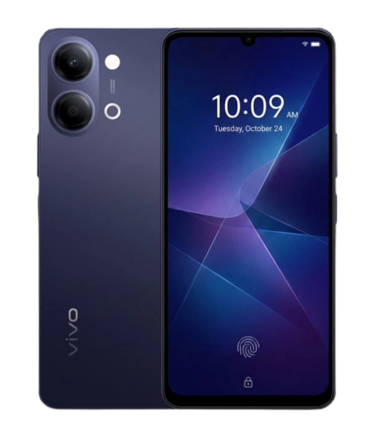 Vivo Y21 5G smartphone in dark blue color featuring dual rear cameras, a sleek design, and a vibrant display showing the time and date. The device has a fingerprint sensor on the front.