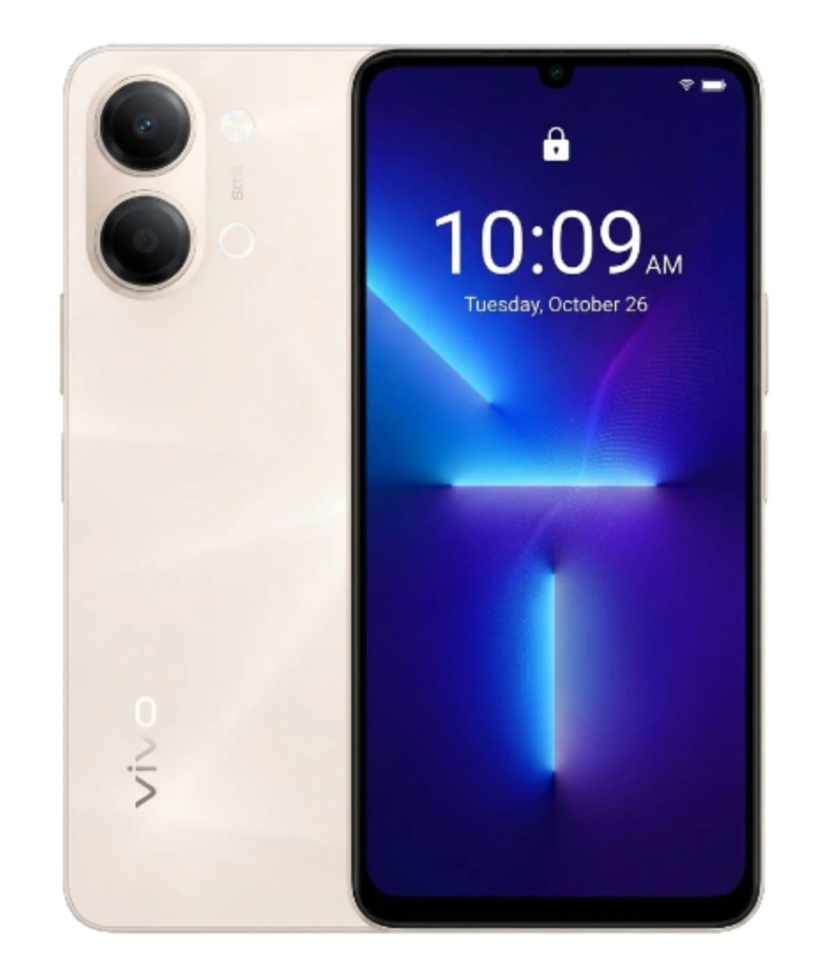 Vivo Y21 5G smartphone in elegant white color featuring a dual-camera setup and a vibrant display showing the time and date. The sleek design highlights its modern aesthetics and user-friendly interface.