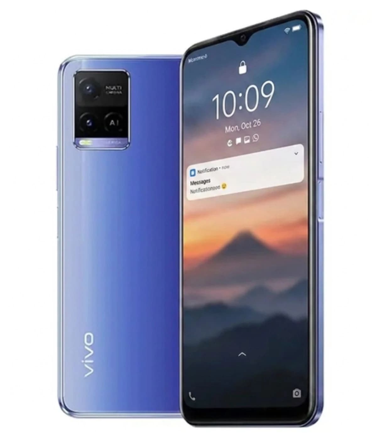 Vivo Y21 smartphone in a stunning gradient blue finish, featuring a dual-camera setup on the back, a vibrant display showing notifications, and a sleek design. The device is positioned at an angle to highlight its modern aesthetics.