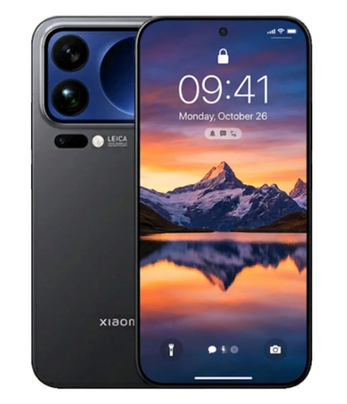 Xiaomi 17 Pro Max smartphone featuring a sleek black design, dual Leica camera setup, and vibrant display showcasing a scenic mountain landscape. The device is positioned front-facing with a clear view of its screen and rear camera.