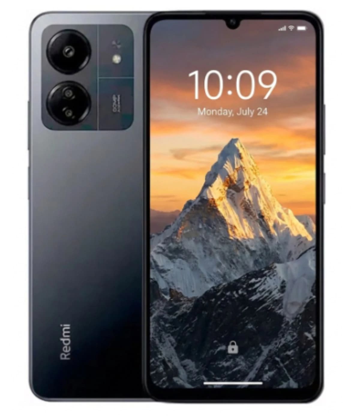 Xiaomi Redmi 13C smartphone in sleek black finish, featuring dual rear cameras and a vibrant display showing a mountain landscape. The device is positioned front-facing against a plain background.