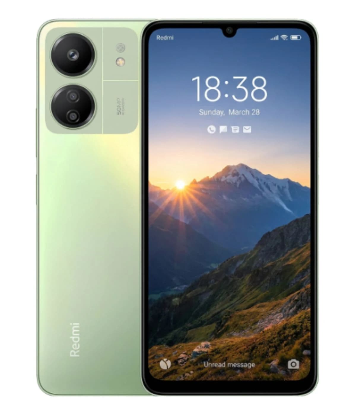 Xiaomi Redmi 13C smartphone in a soft green color with dual rear cameras, featuring a vibrant display showing a mountain landscape. The device has a sleek design and modern aesthetics, perfect for everyday use.