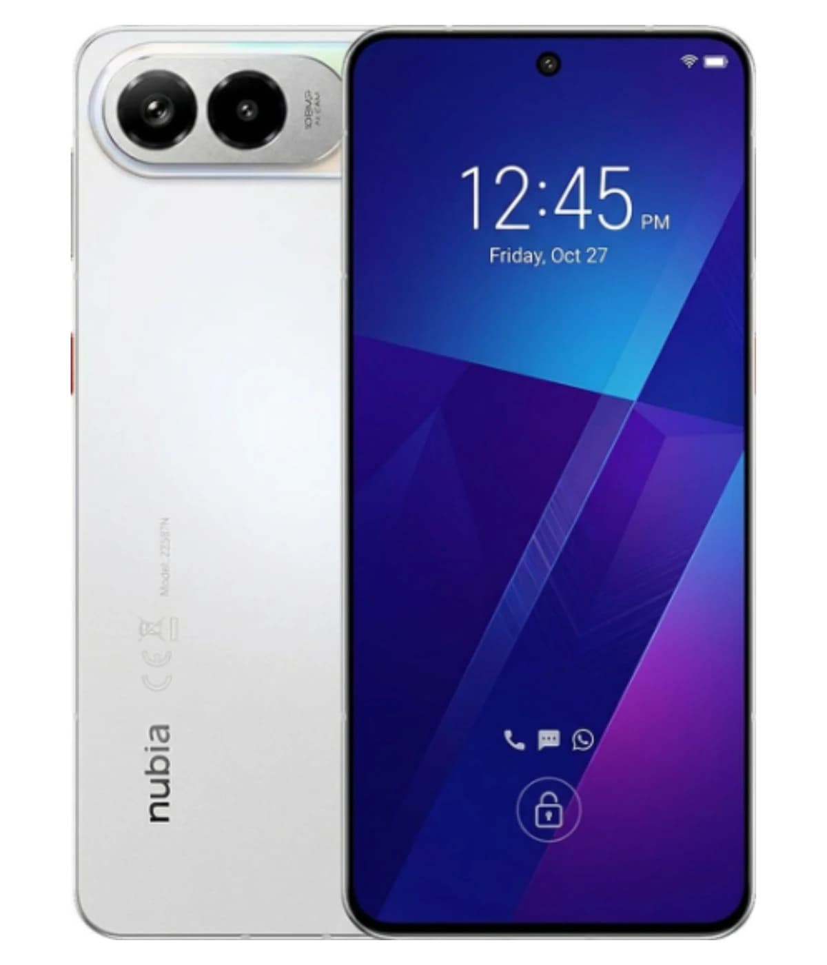 ZTE Nubia Air Pro smartphone featuring a sleek white design, dual rear cameras, and a vibrant display showing the time and date. The device is positioned front-facing with a modern aesthetic and minimal bezels.