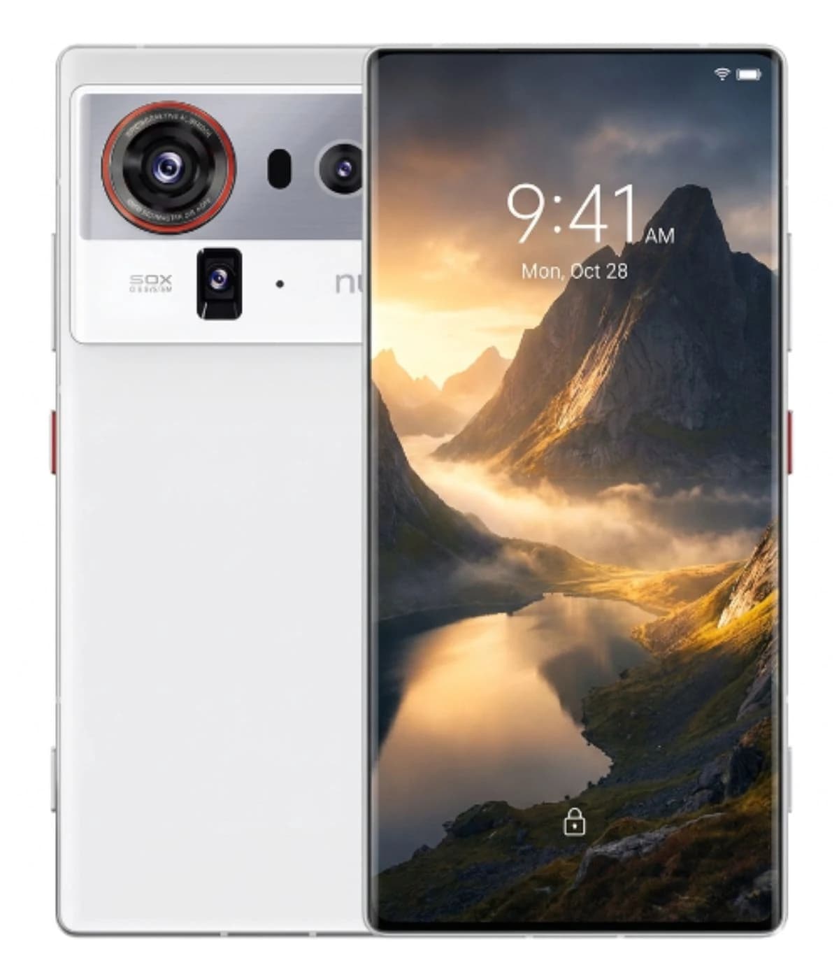 ZTE Nubia Z80 Ultra smartphone in white with a sleek design, featuring a dual-camera setup with a prominent red ring. The display showcases a scenic mountain landscape, emphasizing its vibrant screen quality.