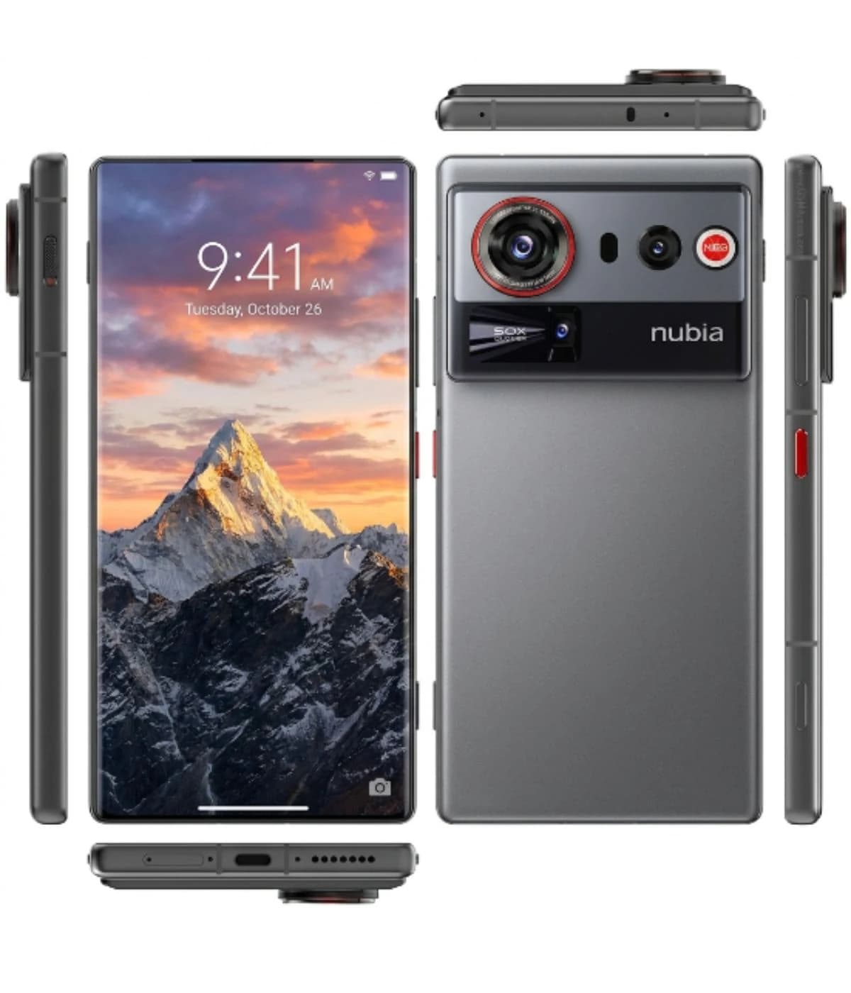ZTE Nubia Z80 Ultra smartphone in gray with a stunning edge-to-edge display showcasing a mountain landscape. Features a prominent camera module with a red accent, sleek design, and multiple angles displayed.