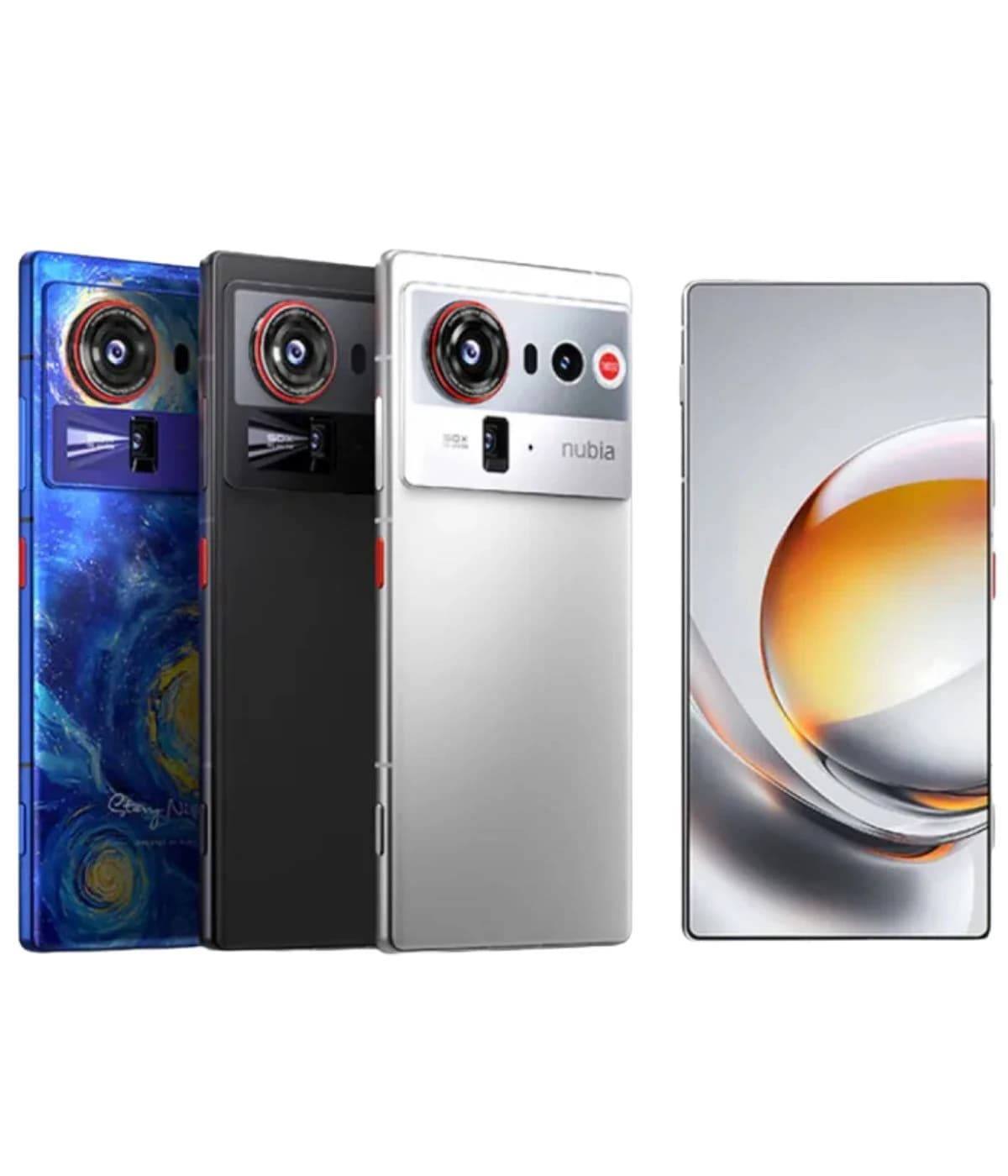ZTE Nubia Z80 Ultra smartphone collection featuring three color variants: a vibrant blue with artistic design, sleek black, and elegant silver. Showcasing high-resolution camera lenses and modern design.