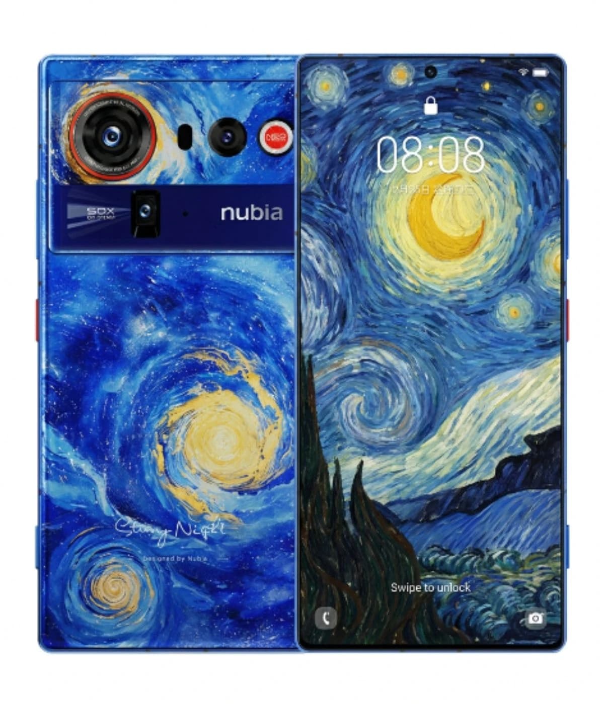ZTE Nubia Z80 Ultra smartphone featuring a vibrant blue design inspired by Van Gogh's Starry Night. The back showcases swirling patterns with yellow stars and a prominent camera setup, while the front displays a colorful lock screen.