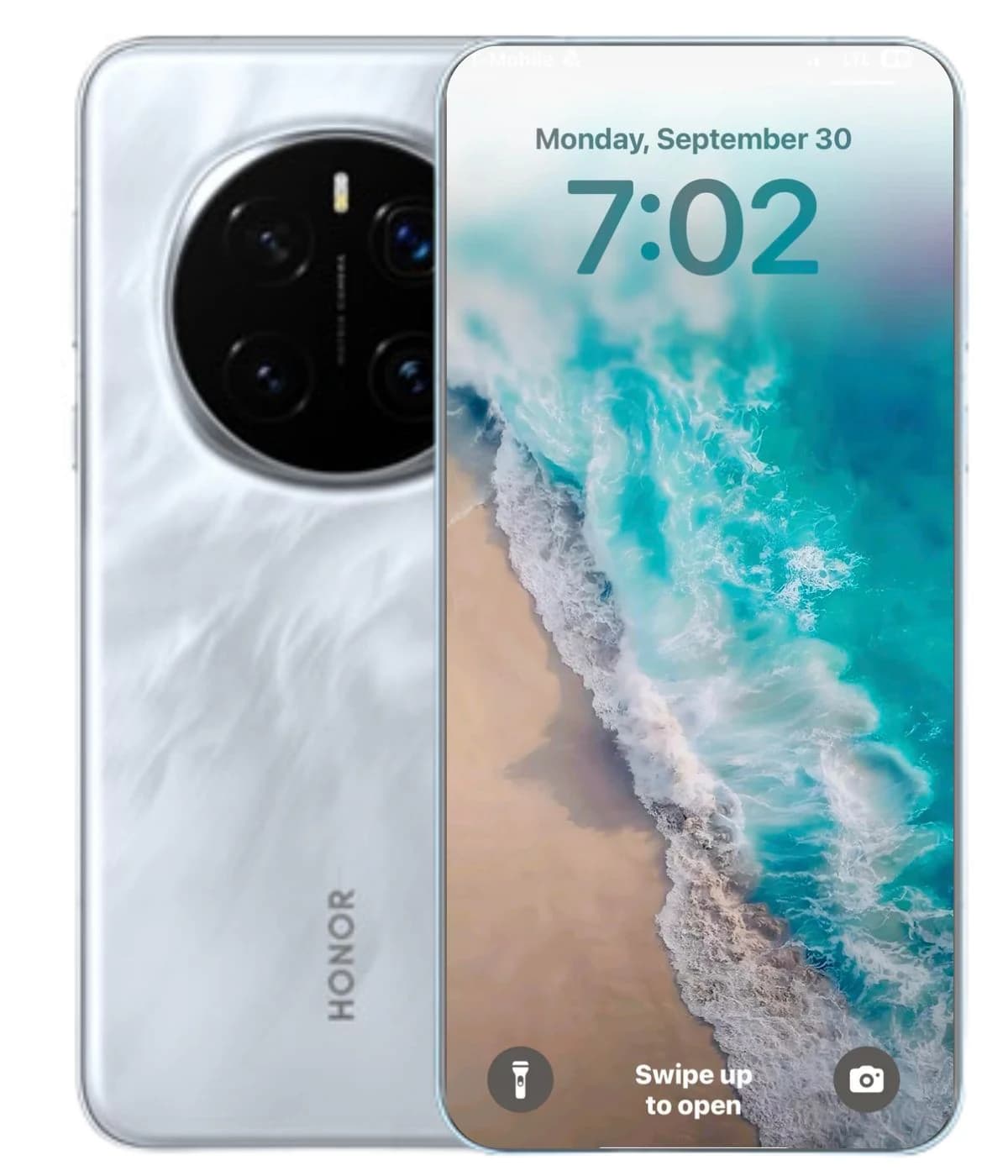 Honor Magic 7 Pro smartphone featuring a sleek white design with a textured back and a vibrant display showing a beach scene. The device has a circular camera module with four lenses and a modern, edge-to-edge screen.