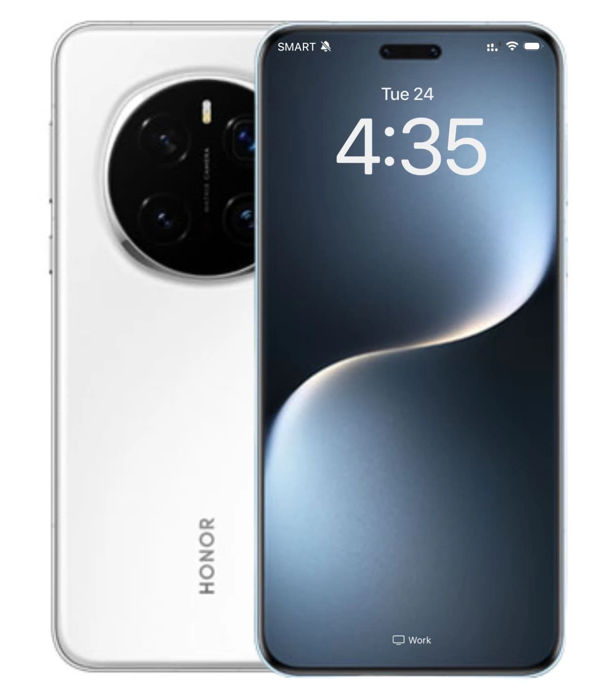 Honor Magic 7 Pro smartphone featuring a sleek white design with a large display and advanced camera system. The front view showcases a vibrant screen with a modern interface, while the back highlights the camera arrangement.