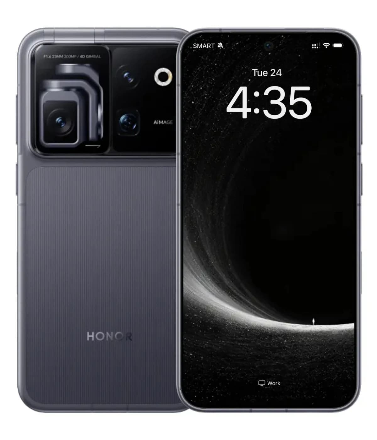 Honor smartphone featuring a sleek design in dark gray with dual rear cameras, including a 200MP lens and 4D gimbal stabilization. The front displays a vibrant screen with time and signal indicators.