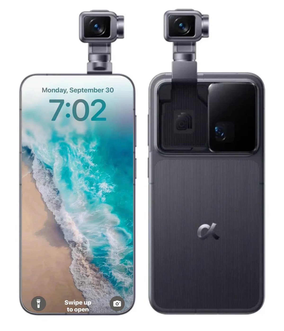 Honor Robot Phone featuring a unique retractable camera design, sleek black finish, and vibrant display showcasing a beach scene. The device has a front view with a pop-up camera module.
