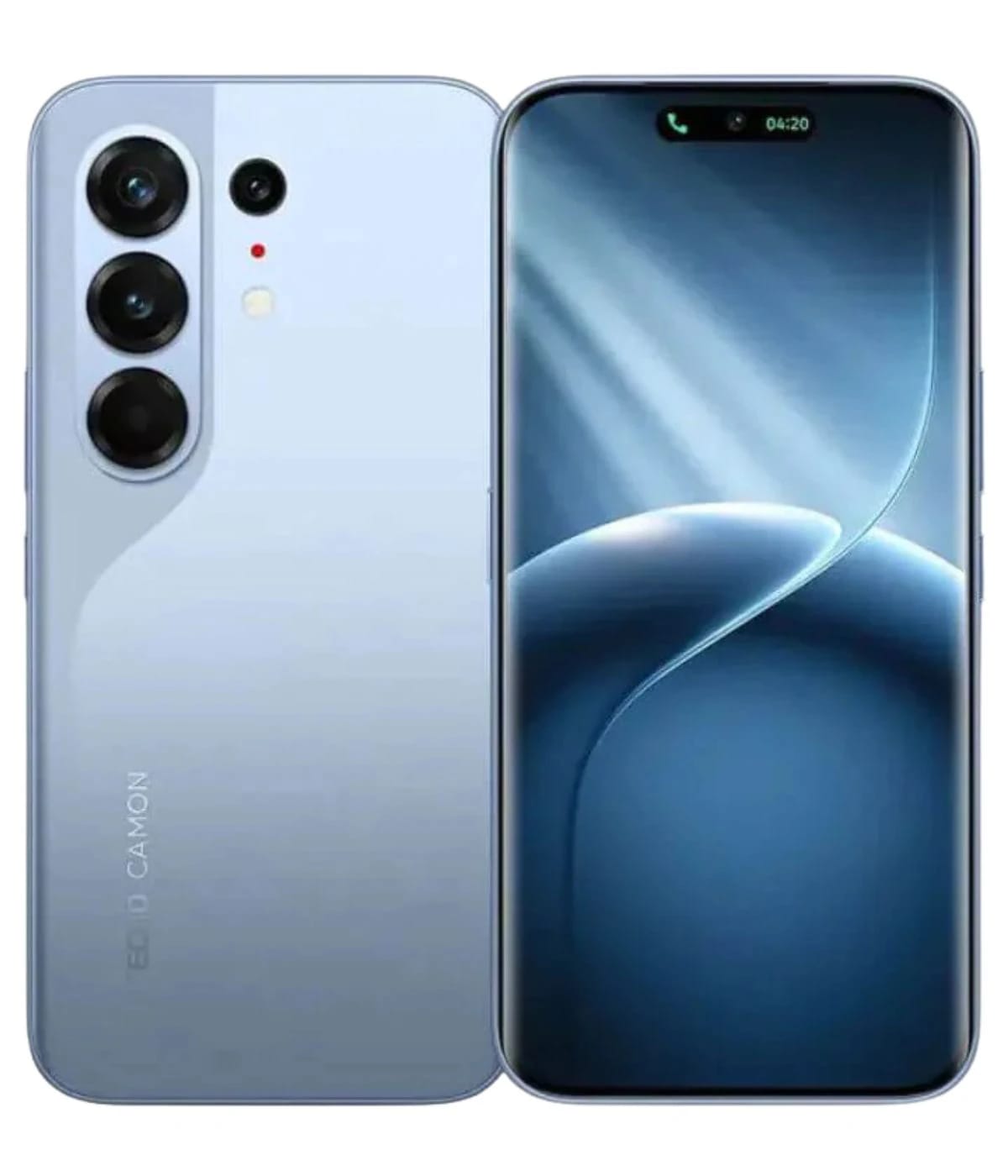 Tecno Camon 50 Pro smartphone in a sleek light blue finish, featuring a triple camera setup on the back and a vibrant display on the front. The device showcases a modern design with rounded edges and a glossy surface, ideal for tech enthusiasts.