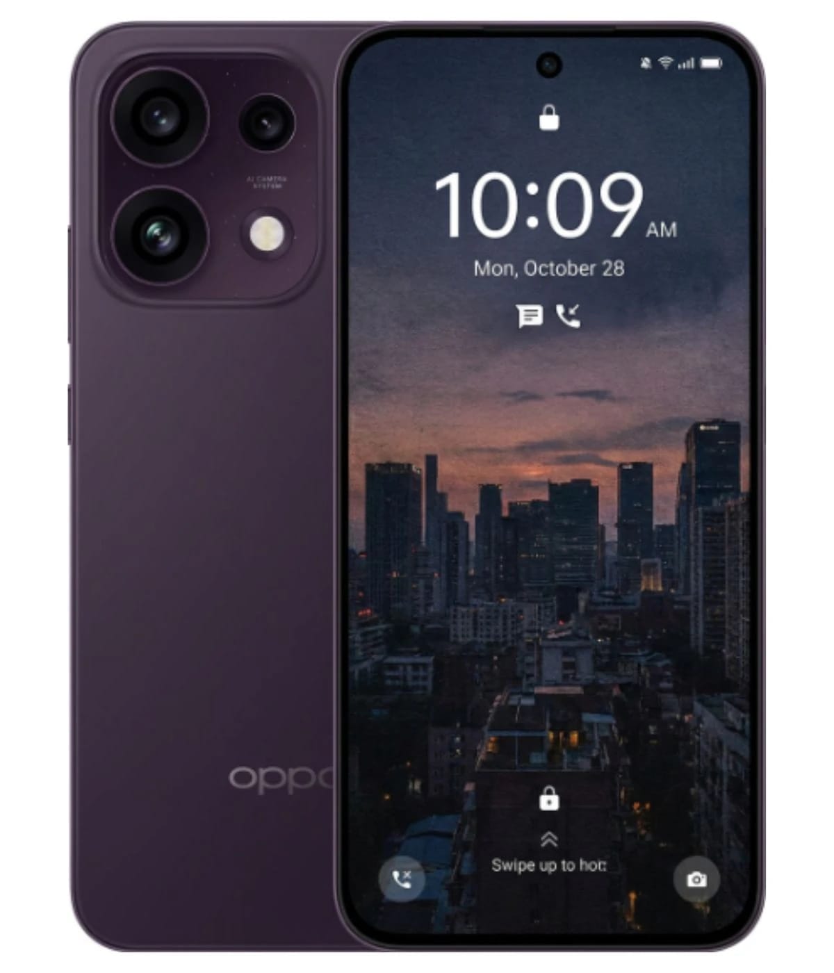 Oppo Reno 16 FS smartphone in a sleek purple finish, featuring a vibrant display showing a city skyline at dusk. The device has a triple camera setup on the back, emphasizing its modern design and advanced photography capabilities.