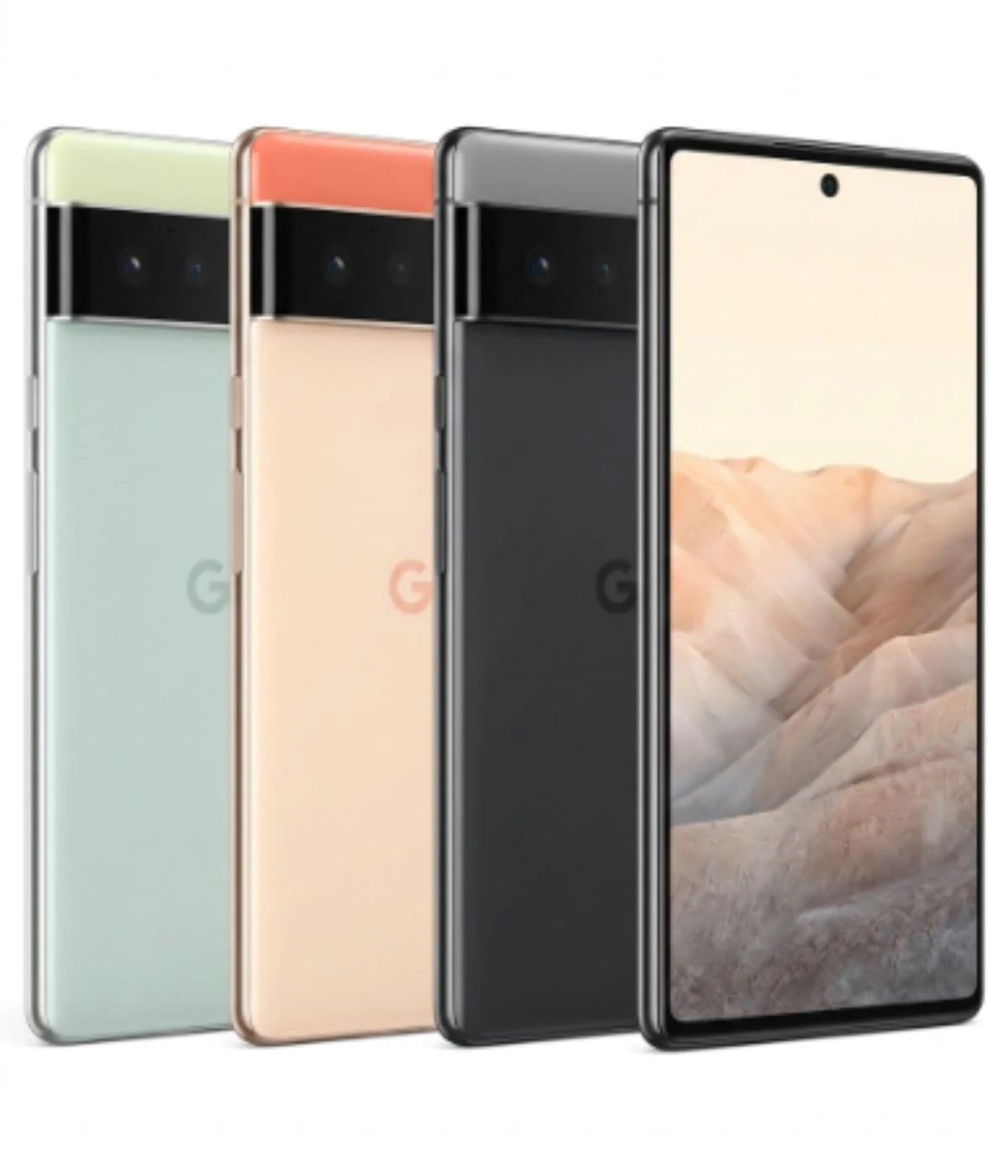 Google Pixel 6 smartphone in four colors: mint green, peach, black, and gray. Features a sleek design with a dual-camera setup and a vibrant display. Perfect for tech enthusiasts seeking style and performance.