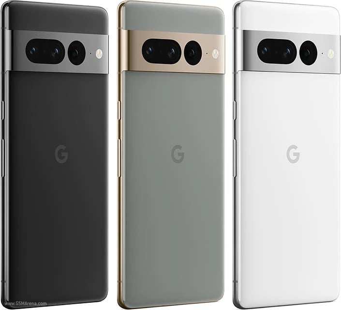 Google Pixel 7 Pro smartphone in three colors: Obsidian Black, Hazel Green, and Snow White. Each phone features a sleek design with a dual-camera setup and a prominent 'G' logo on the back. The devices are displayed against a plain background,…
