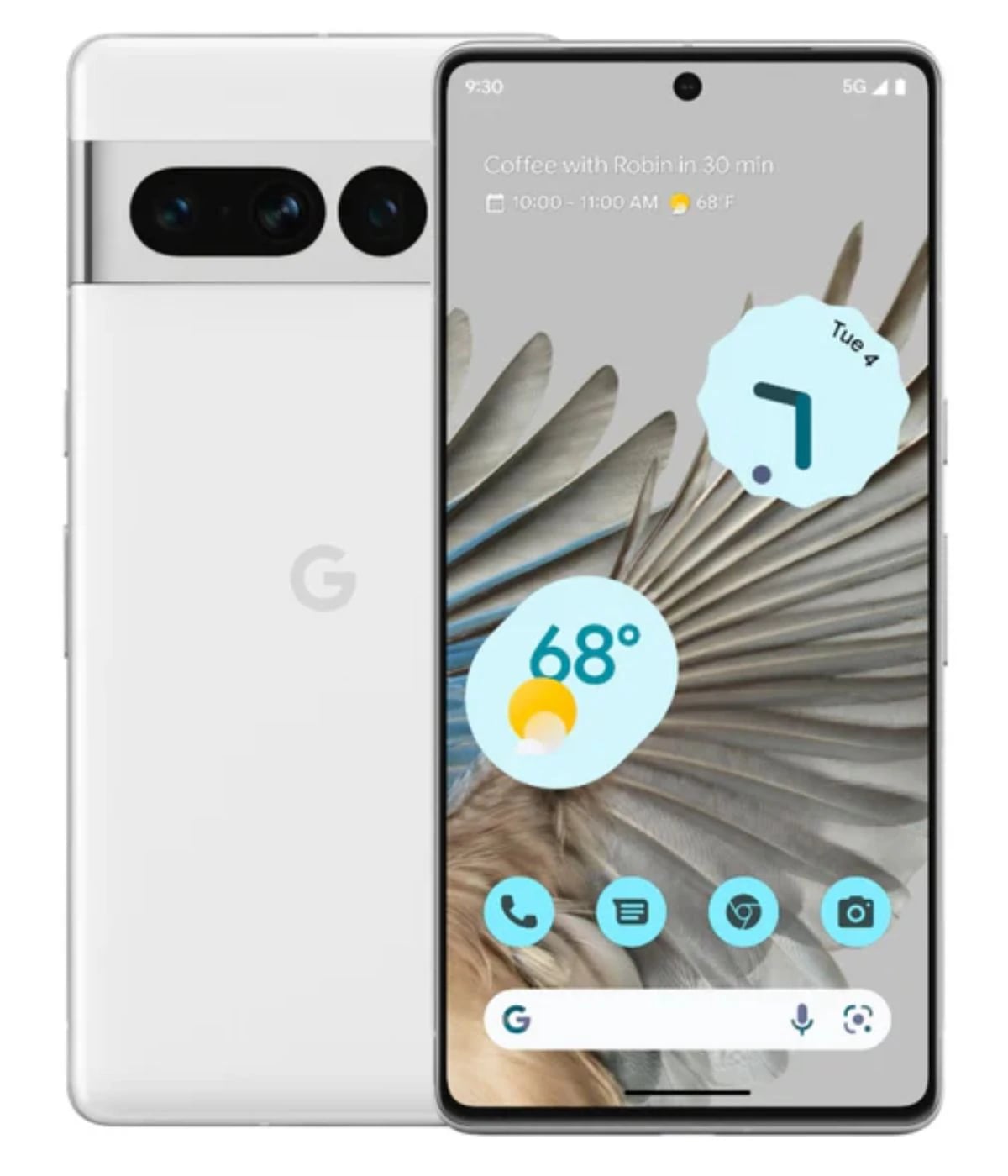Google Pixel 7 Pro smartphone in white color featuring a sleek design, dual rear cameras, and a vibrant display showcasing a weather widget. The device is presented front-facing with a plain background.