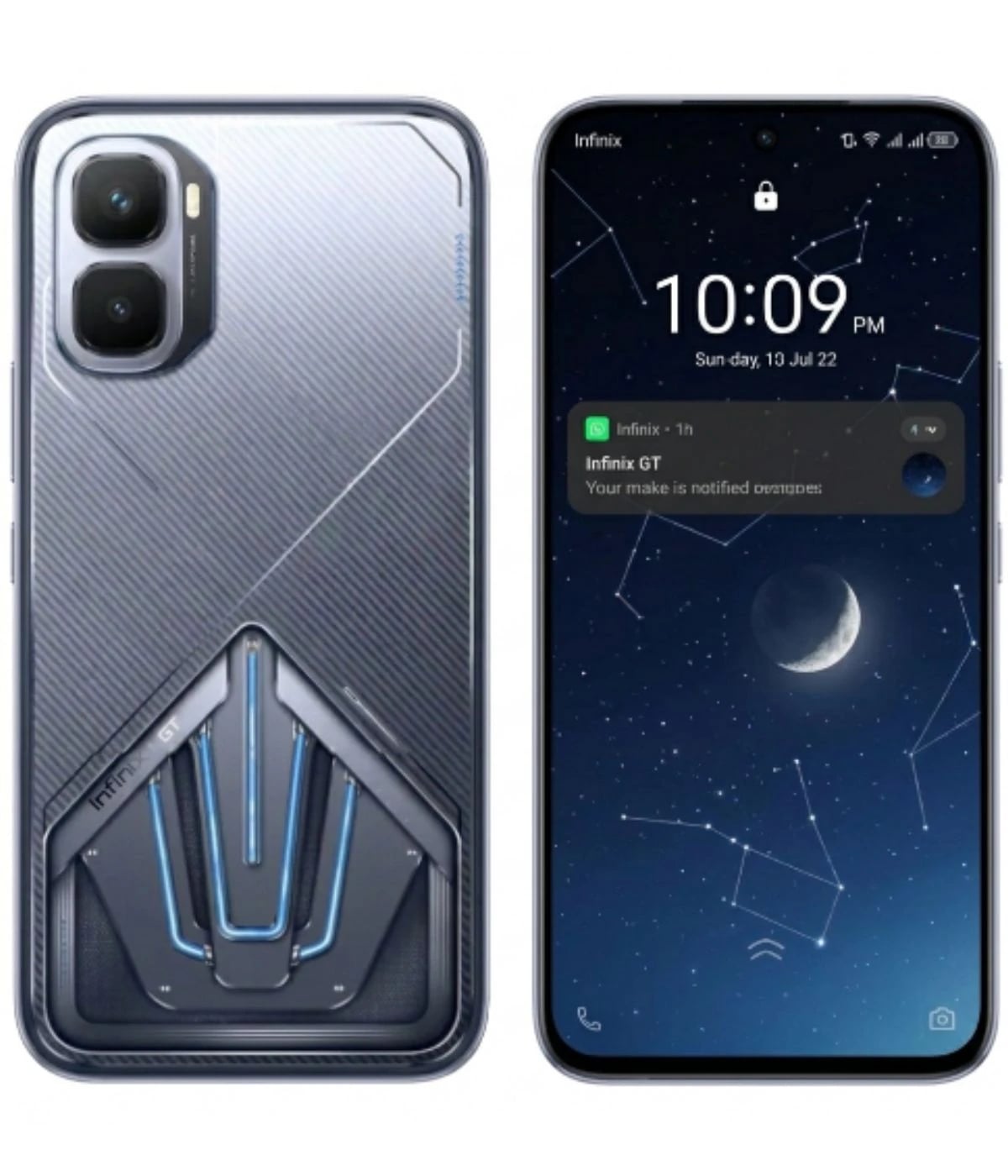 Infinix GT 50 Pro smartphone featuring a sleek design with a textured back in silver and blue accents. The device displays a starry night wallpaper on its vibrant screen, showcasing its modern aesthetic and advanced features.