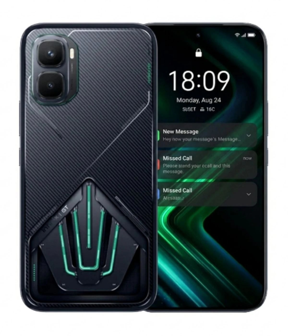 Infinix GT 50 Pro smartphone featuring a sleek black design with a textured back and vibrant green accents. The display shows notifications and a stylish interface, emphasizing its modern gaming capabilities.