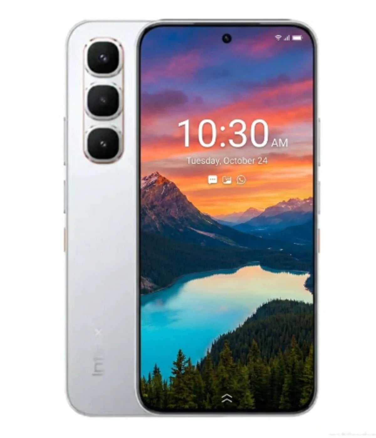 Infinix Hot 60 Pro smartphone in sleek silver finish, showcasing a vibrant display with a scenic mountain lake wallpaper. Features triple rear camera setup and modern design. Front view with a clear screen and minimal bezels.