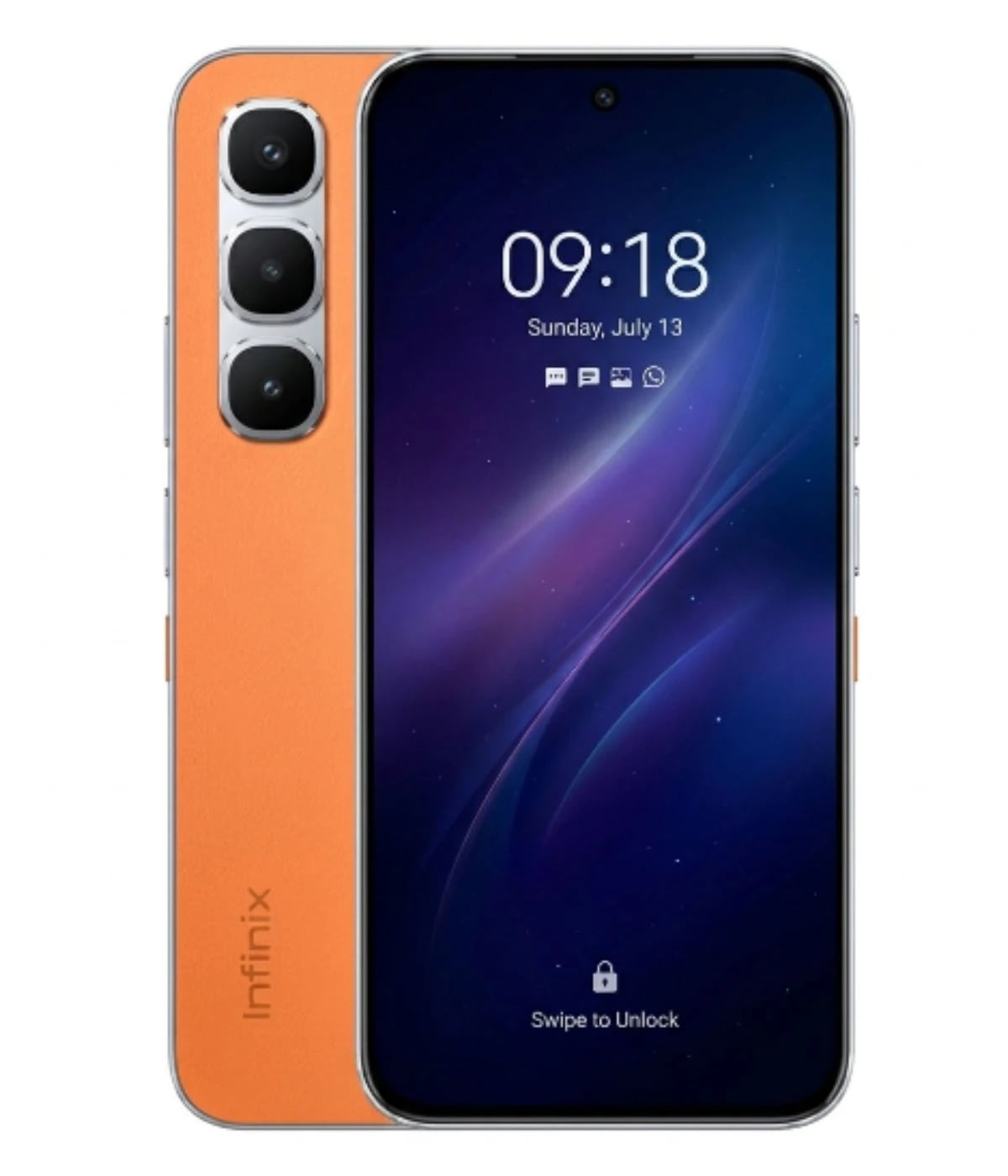 Infinix Hot 60 Pro smartphone in vibrant orange color with a sleek design, featuring a triple camera setup on the back and a modern display showing the time and date. The device has a stylish leather-like finish, enhancing its premium look.