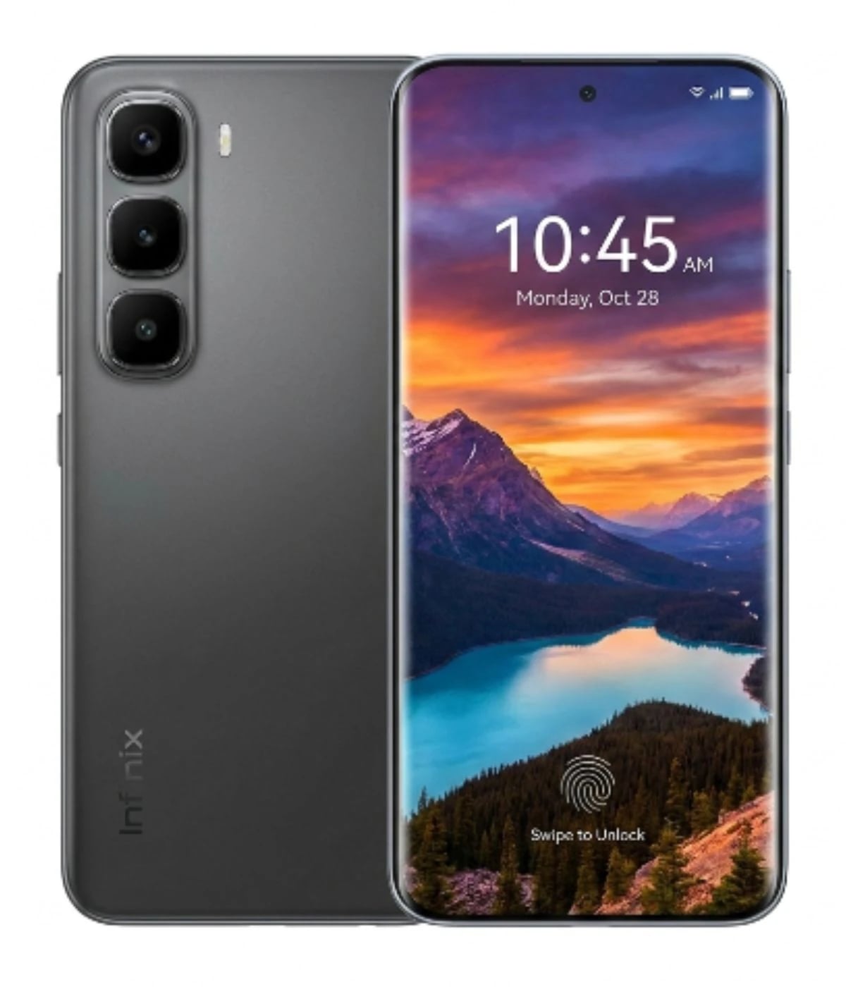 Infinix Hot 60 Pro smartphone in sleek gray color featuring a vibrant display with a scenic mountain lake wallpaper, showcasing a triple camera setup on the back and a fingerprint sensor on the front screen.