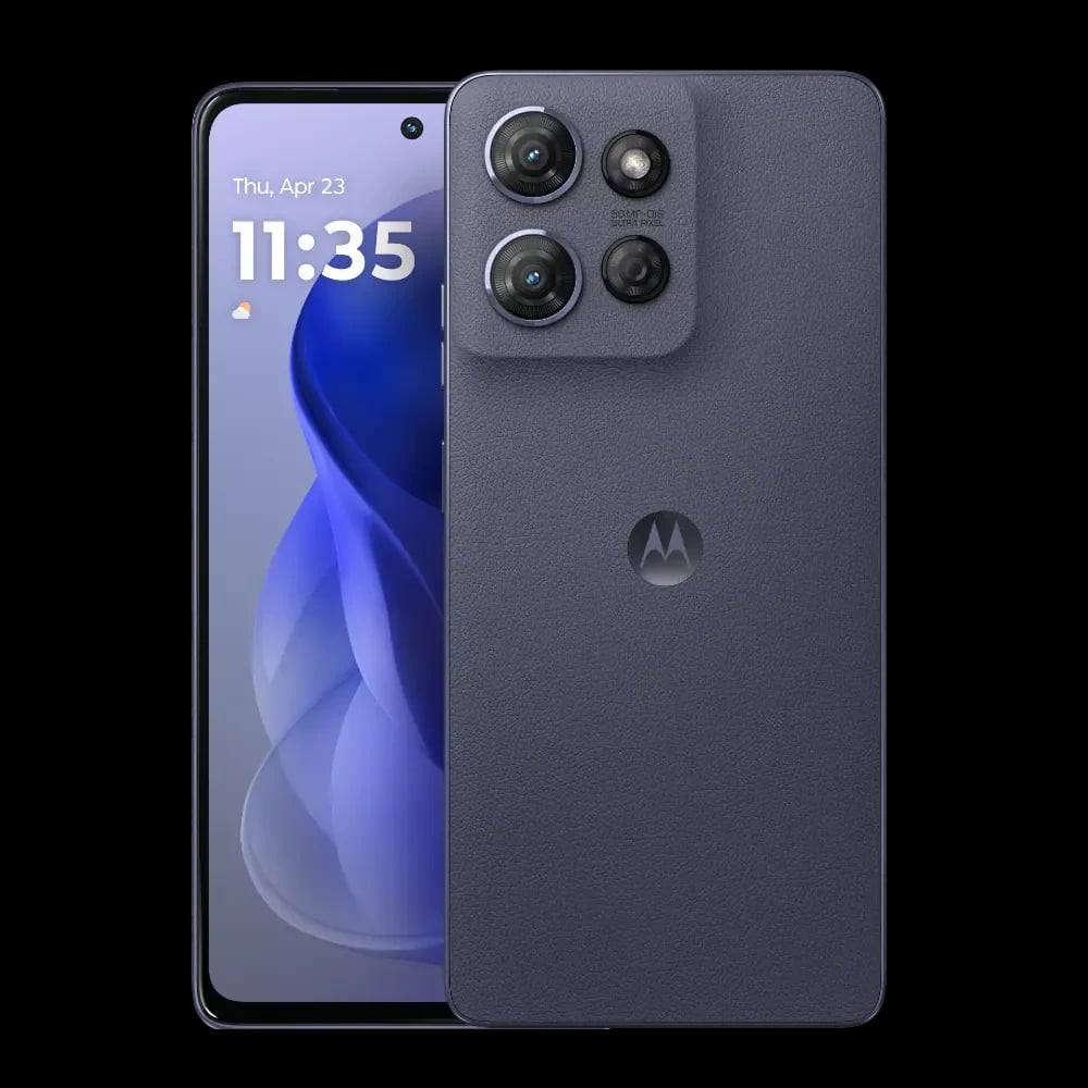 Motorola Moto G Power smartphone in a sleek dark blue finish, featuring a triple camera setup on the back and a vibrant display showing the time and date. The device has a modern design with a textured back and rounded edges, set against a plain…