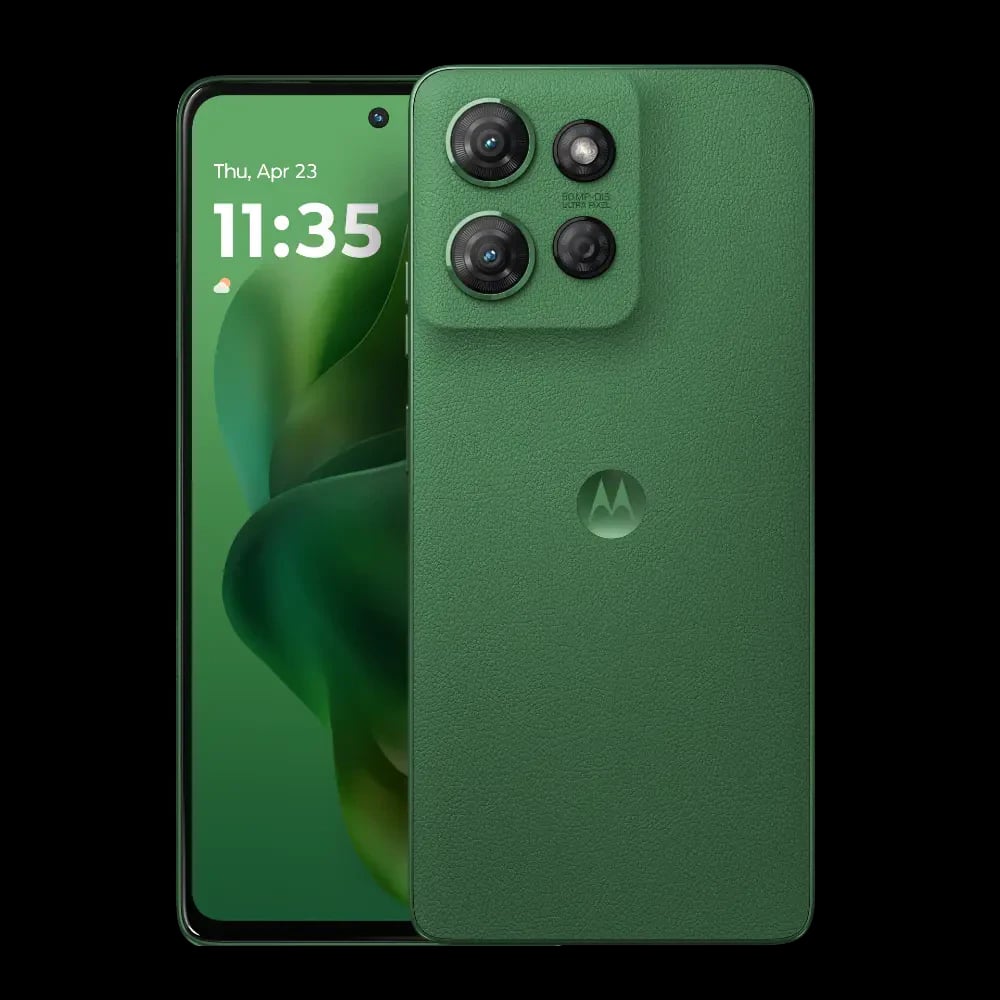 Motorola Moto G Power smartphone in a vibrant green color with a textured finish. Features a triple-camera setup on the back and a sleek front display showing the time and date. Ideal for photography enthusiasts and everyday users.