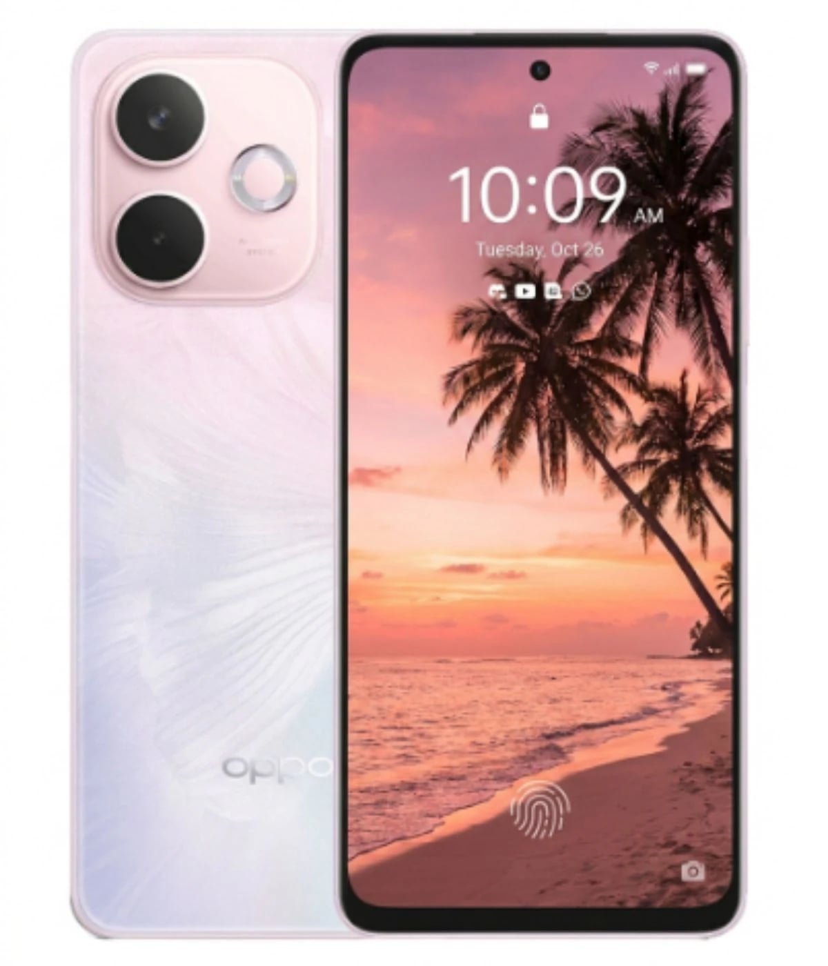 Oppo A5 Pro smartphone featuring a sleek design with a pastel pink back, dual camera setup, and vibrant display showing a tropical sunset. The device has a fingerprint sensor on the screen and a modern aesthetic.