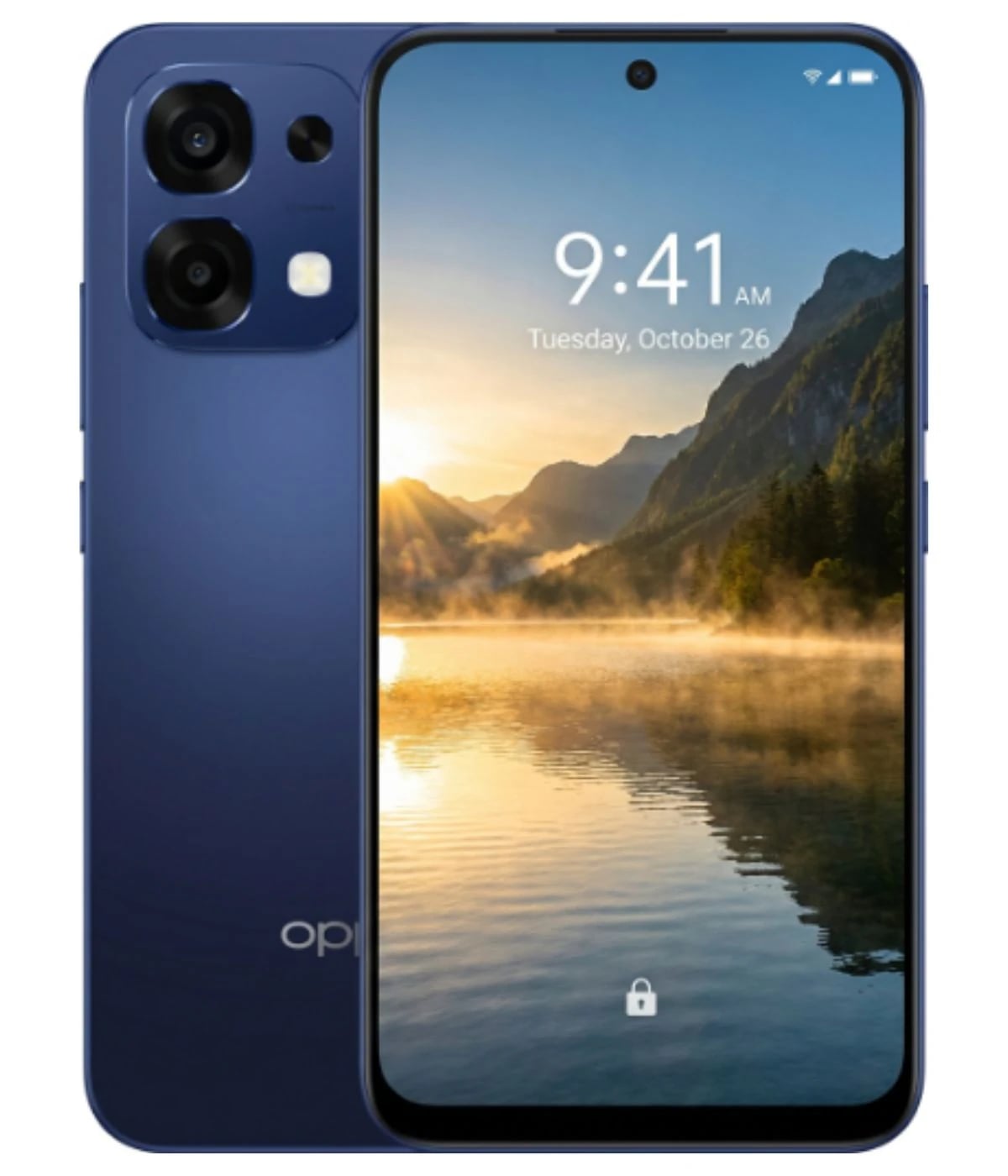 Oppo A6 Pro smartphone in deep blue color featuring a dual-camera setup on the back and a vibrant display showing a scenic mountain lake wallpaper. The device is sleek with rounded edges, showcasing its modern design.