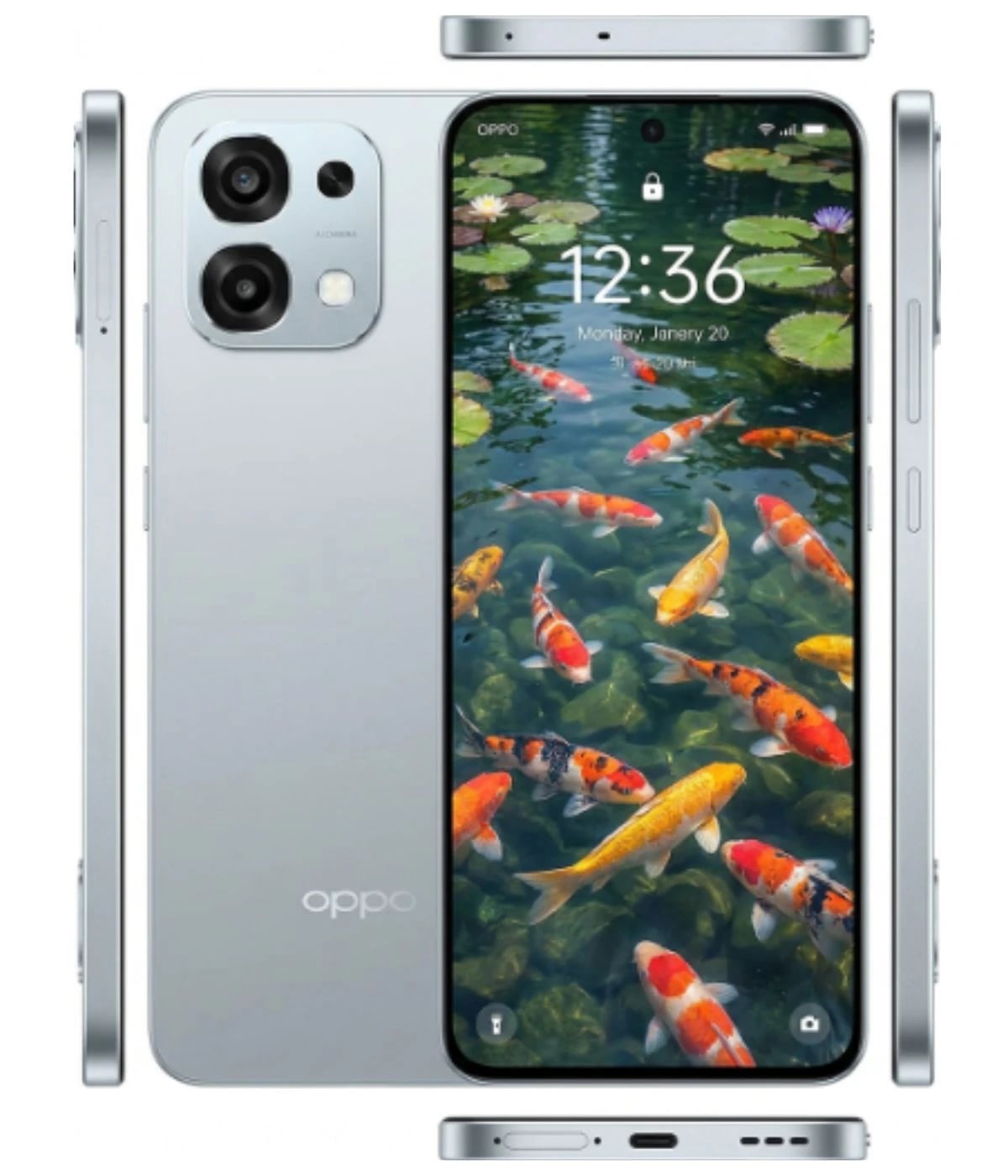 Oppo A6 Pro smartphone in silver color showcasing a vibrant display with koi fish on the screen. The device features a sleek design with dual rear cameras and a minimalistic side profile. Front view highlights the edge-to-edge display and camera…