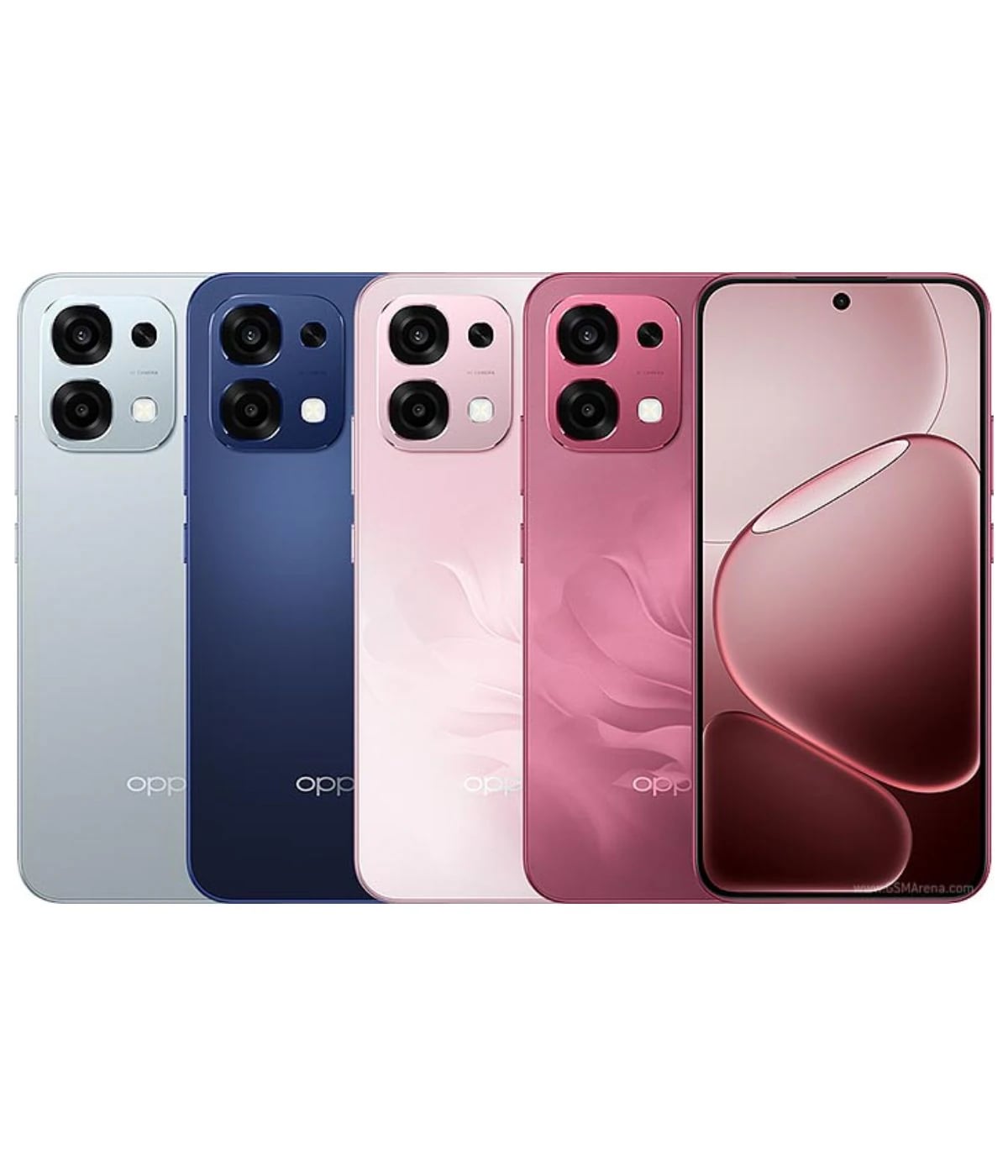 Oppo A6 Pro smartphones displayed in four stylish colors: silver, navy blue, soft pink, and deep red. Each phone features a sleek design with dual rear cameras and a vibrant front display, showcasing modern aesthetics.