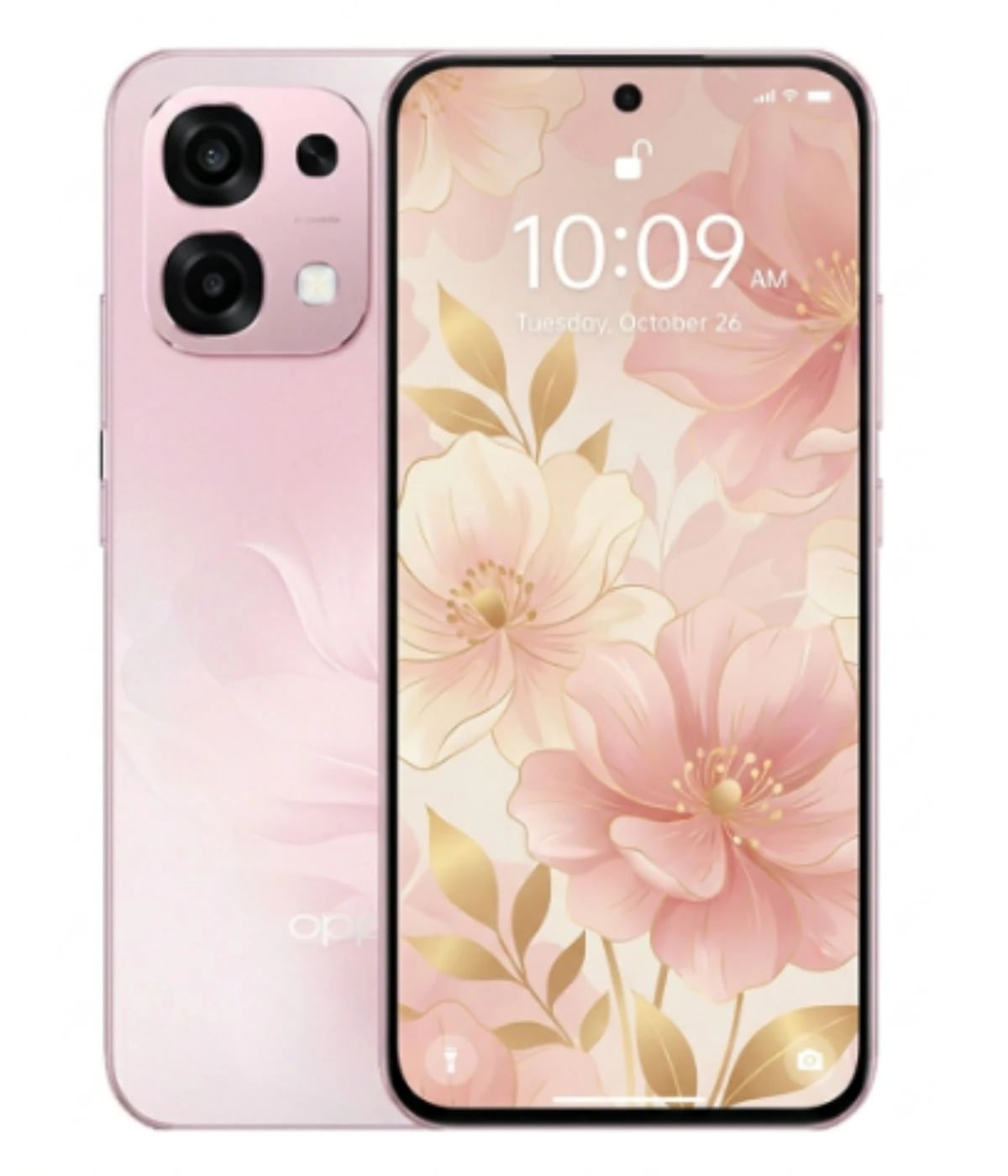 Oppo A6 Pro smartphone in a soft pink color with a floral wallpaper display. The back features a sleek design with dual camera setup. The device is shown from the front and back, highlighting its elegant aesthetics.