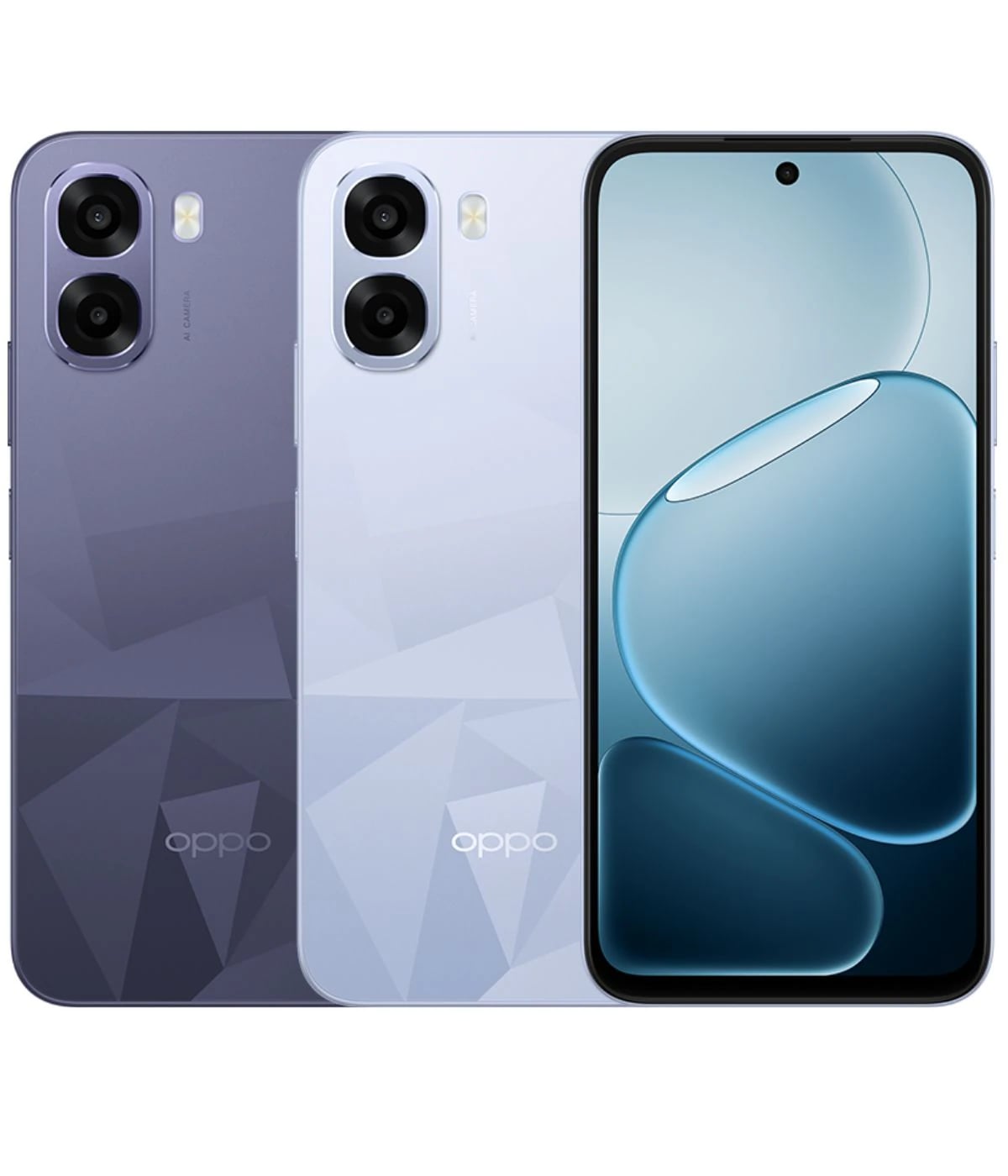 Oppo A6k smartphone in two stylish colors: a deep purple and a soft blue, showcasing a sleek design with dual rear cameras and a vibrant front display. The geometric pattern on the back adds a modern touch.