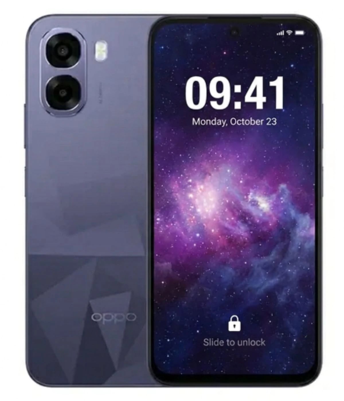 Oppo A6k smartphone in a sleek purple design featuring dual rear cameras and a vibrant display showing a cosmic wallpaper. The device is presented in a front and back view, highlighting its modern aesthetics and user interface.