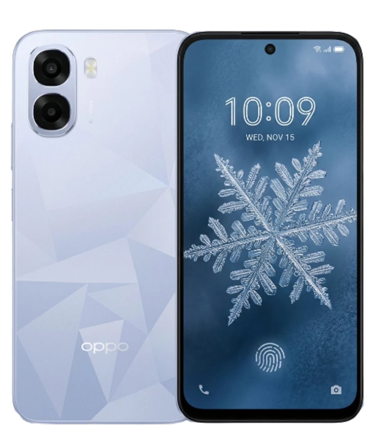 Oppo A6k smartphone in a sleek light blue color with a geometric design on the back. The front displays a vibrant screen featuring a snowflake wallpaper and fingerprint sensor. Dual rear cameras are visible.