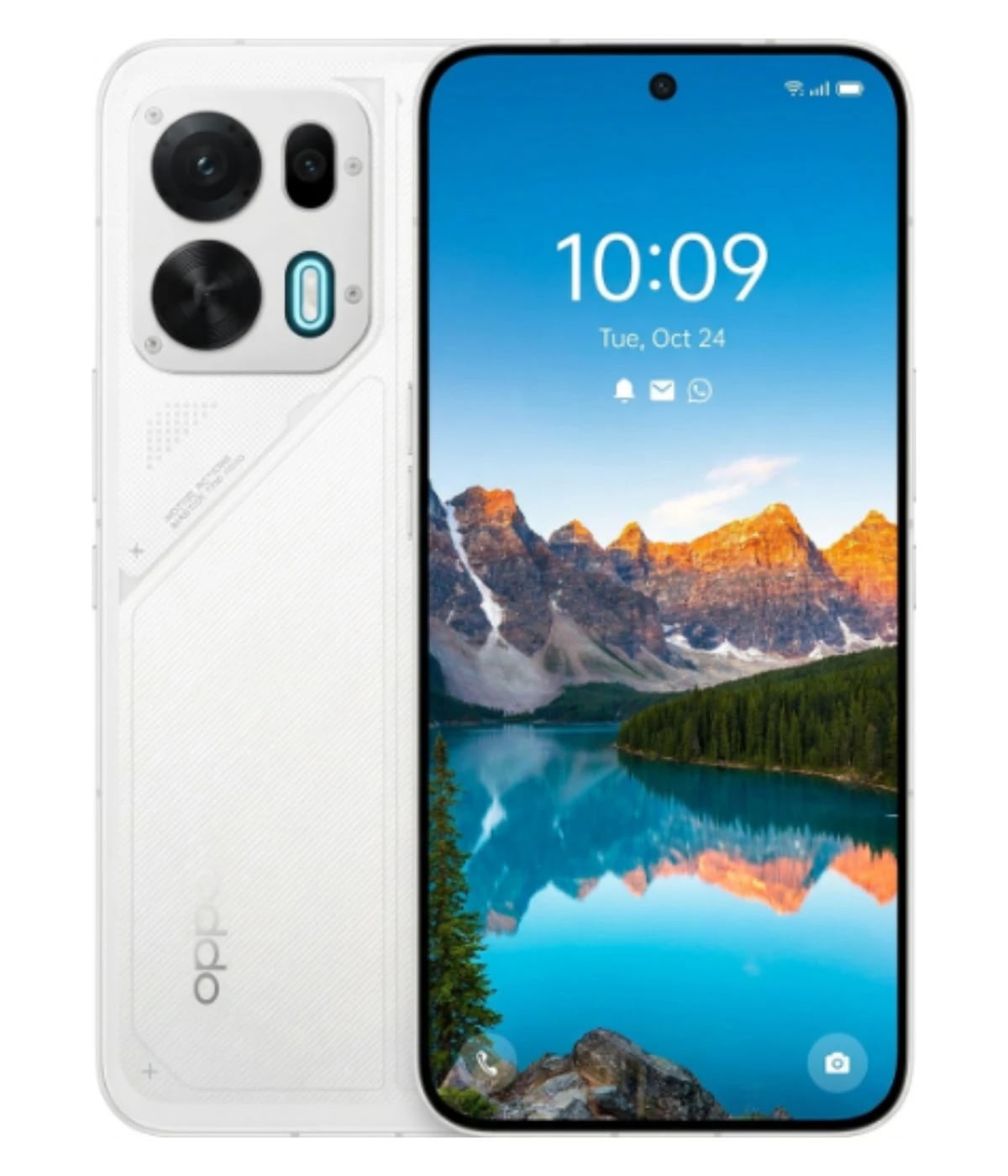 Oppo K15 smartphone in white color featuring a sleek design with dual rear cameras and a vibrant display showcasing a scenic mountain lake wallpaper. The device is displayed front-facing with a clear view of its screen and camera layout.