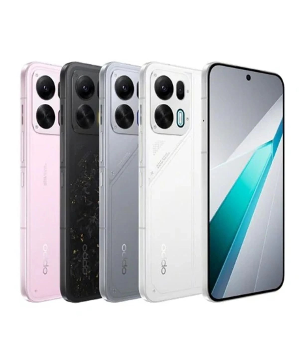 Oppo K15 smartphone lineup showcasing four color variants: pink, black, gray, and white. Each phone features dual rear cameras and a sleek design with a modern front display. The devices are arranged side by side against a plain background.