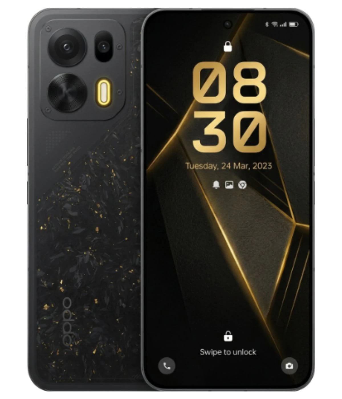 Oppo K15 Pro smartphone featuring a sleek black design with a textured back and dual camera setup. The display shows a stylish lock screen with golden accents and the date March 24, 2023. Ideal for tech enthusiasts.