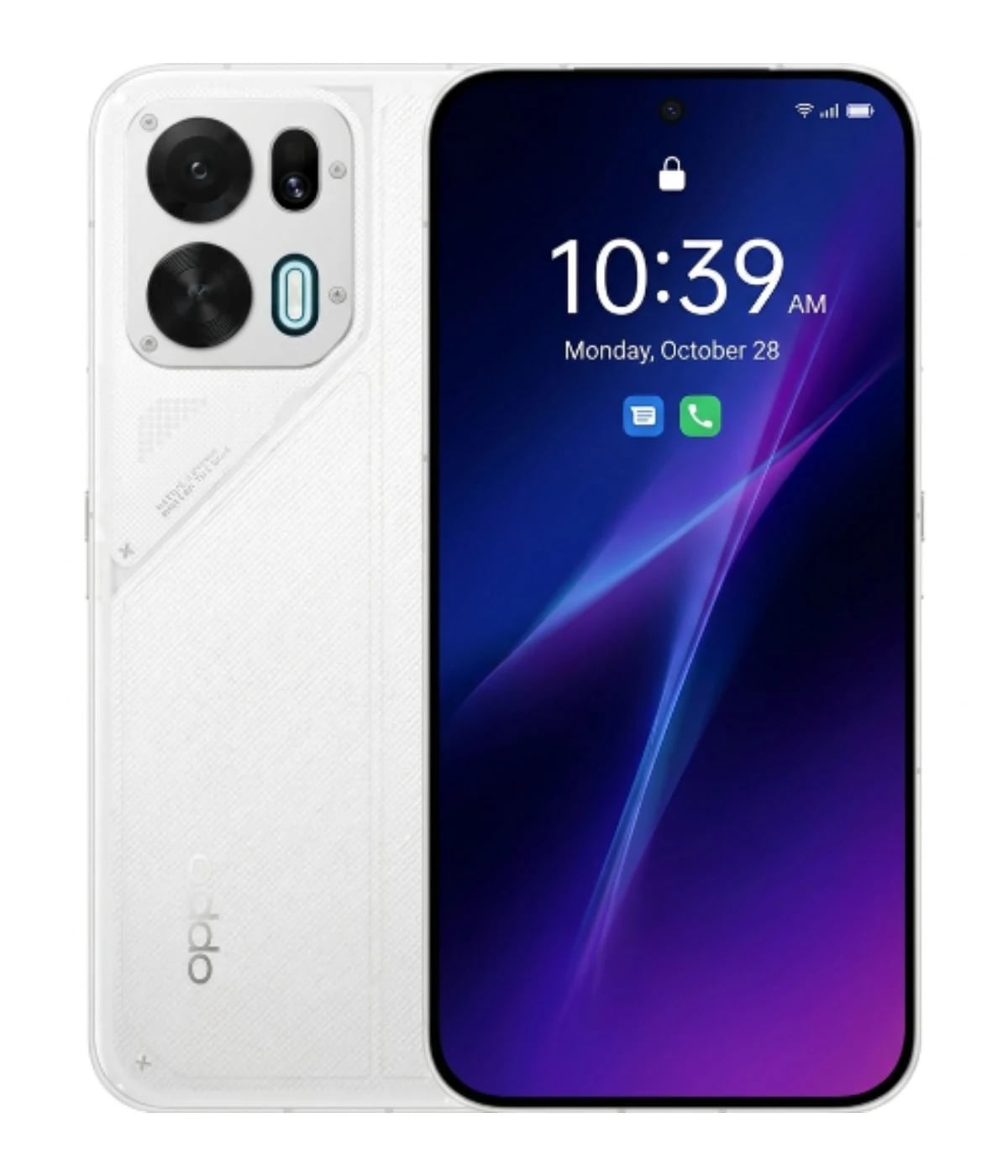 Oppo K15 Pro smartphone in white color featuring a sleek design, dual rear cameras, and a vibrant display showing the time and date. The device has a modern aesthetic with a textured back and rounded edges.