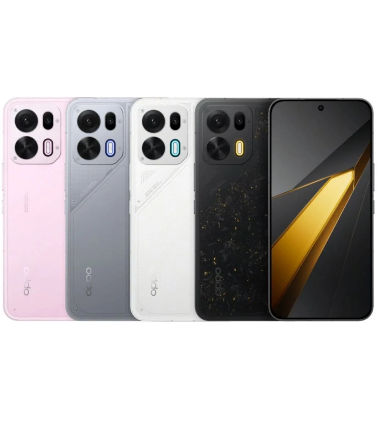 Oppo K15 Pro smartphone lineup featuring four color variants: pink, gray, white, and black. Each phone showcases a dual-camera setup and sleek design, with the black model displaying a unique textured back. Front view highlights the vibrant display.